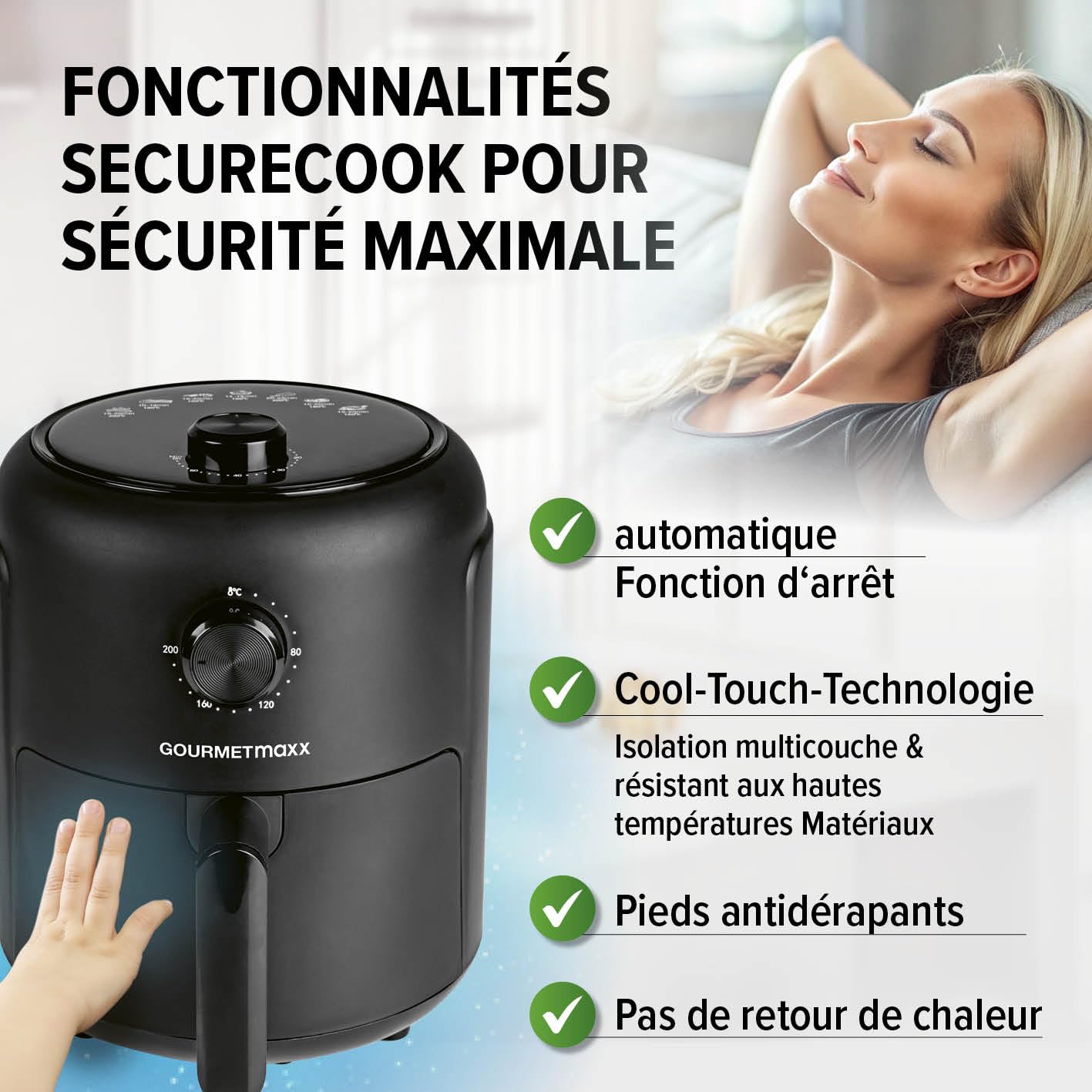 GOURMETmaxx Air Fryer de 2,3L | Friteuse à air chaud avec minuterie & écran tactile | 8 fonctions & 7 programmes | Frire à économie d'énergie & presque sans huile dans ce mini-four - 1000 W [Noir]