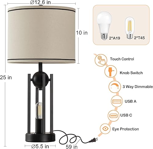 Miniatura 8 de Juego de 2 lámparas de mesa de granja de 25 pulgadas para sala de estar, con puertos USB C+A, lámpara de noche rústica vintage para dormitorio,