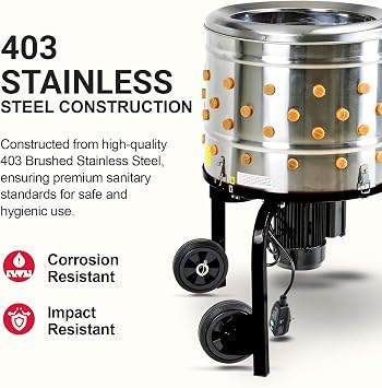 Kitchener Chicken Plucker De-Feather Remover Poultry and Fowl Food Processor Electric Stainless Steel Heavy Duty 1HP 120VAC 280RPM GFCI Connector 92 Soft Fingers 20 Drum Diameter