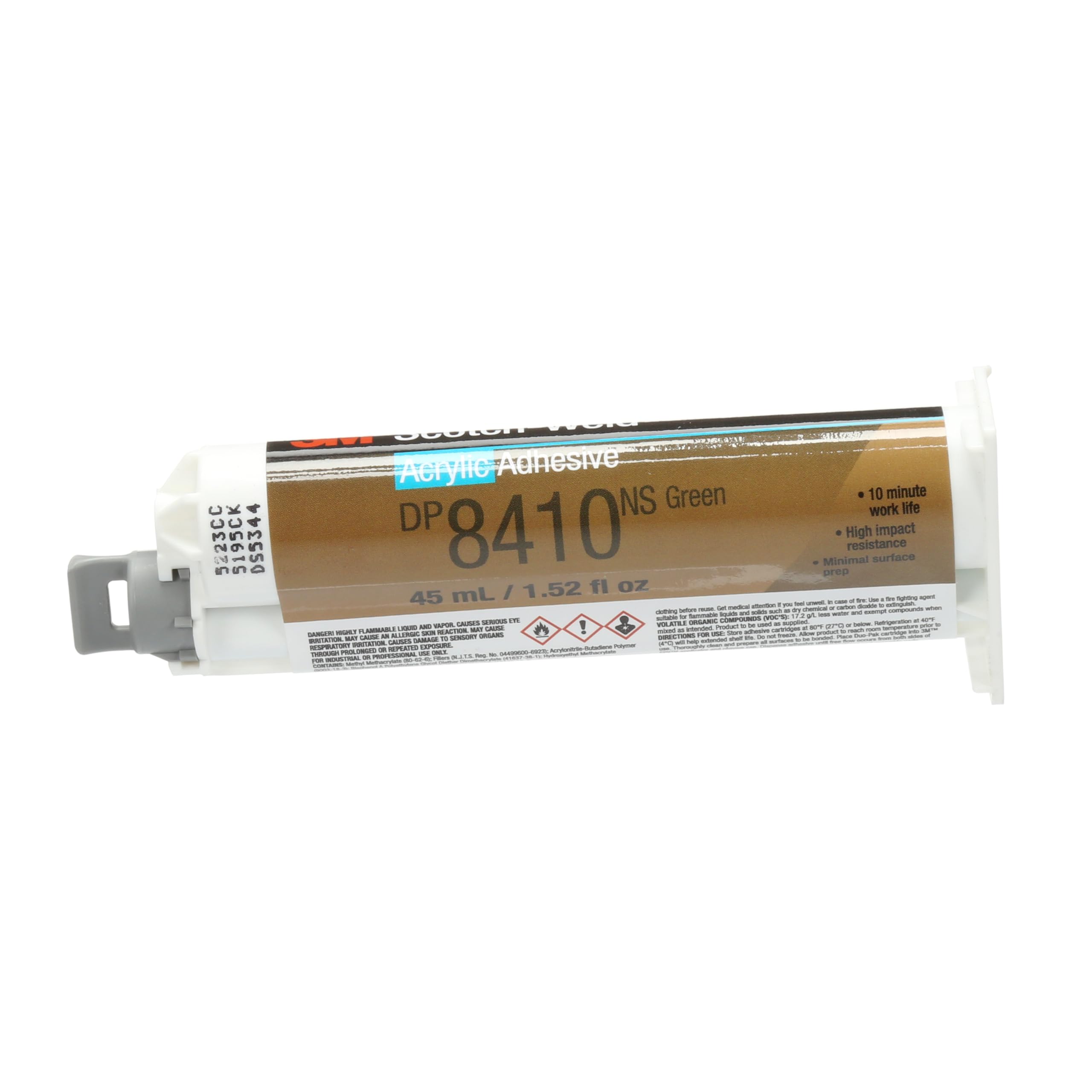Scotch-Weld Acrylic Adhesive DP8410NS, Green, 45 mL Duo-Pak, 1.52 fl. Oz., Non-Sag, Tough, Two-Part Acrylic Adhesive, 1 Each