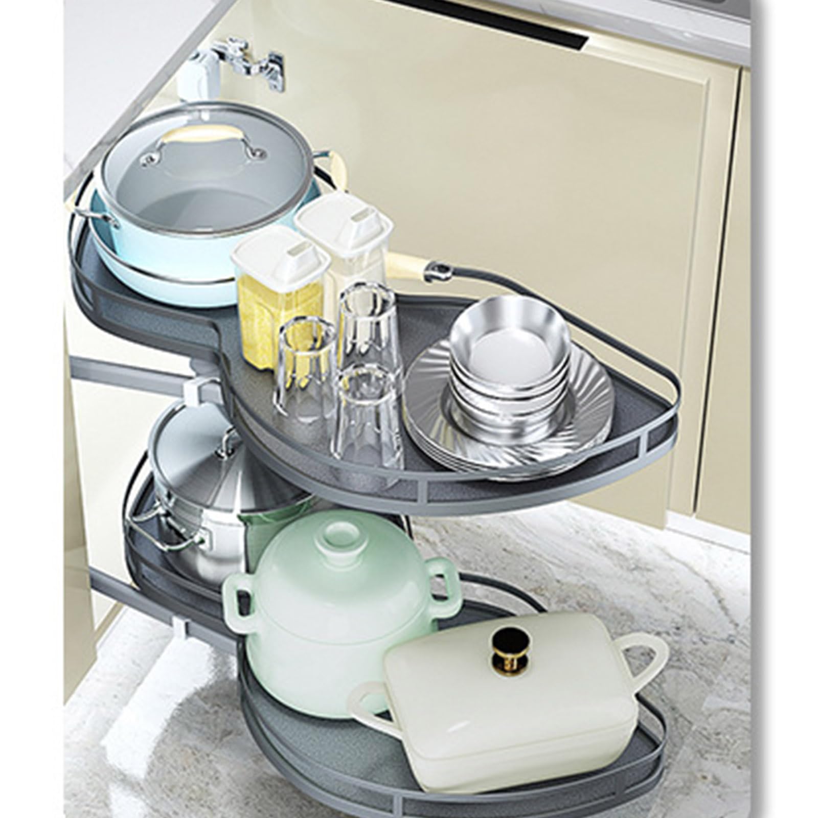 Carrousel d'angle de cuisine extractible pour meuble bas 900 mm et aménagement placard profond