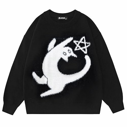 Laixton Mens Graphic Sweater Unisex Long Sleeve Knit Oversized Sweater Aesthetic Streetwear Casual Sweaters Tunic Tops - Aesthetic Black - Large