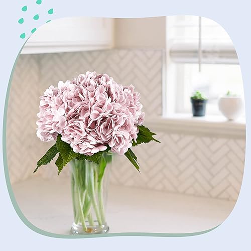 Miniatura 6 de Flores de hortensias artificiales rosas de 21 pulgadas, 5 piezas, flores de seda de hortensias falsas para centros de mesa de boda, ramos de flores