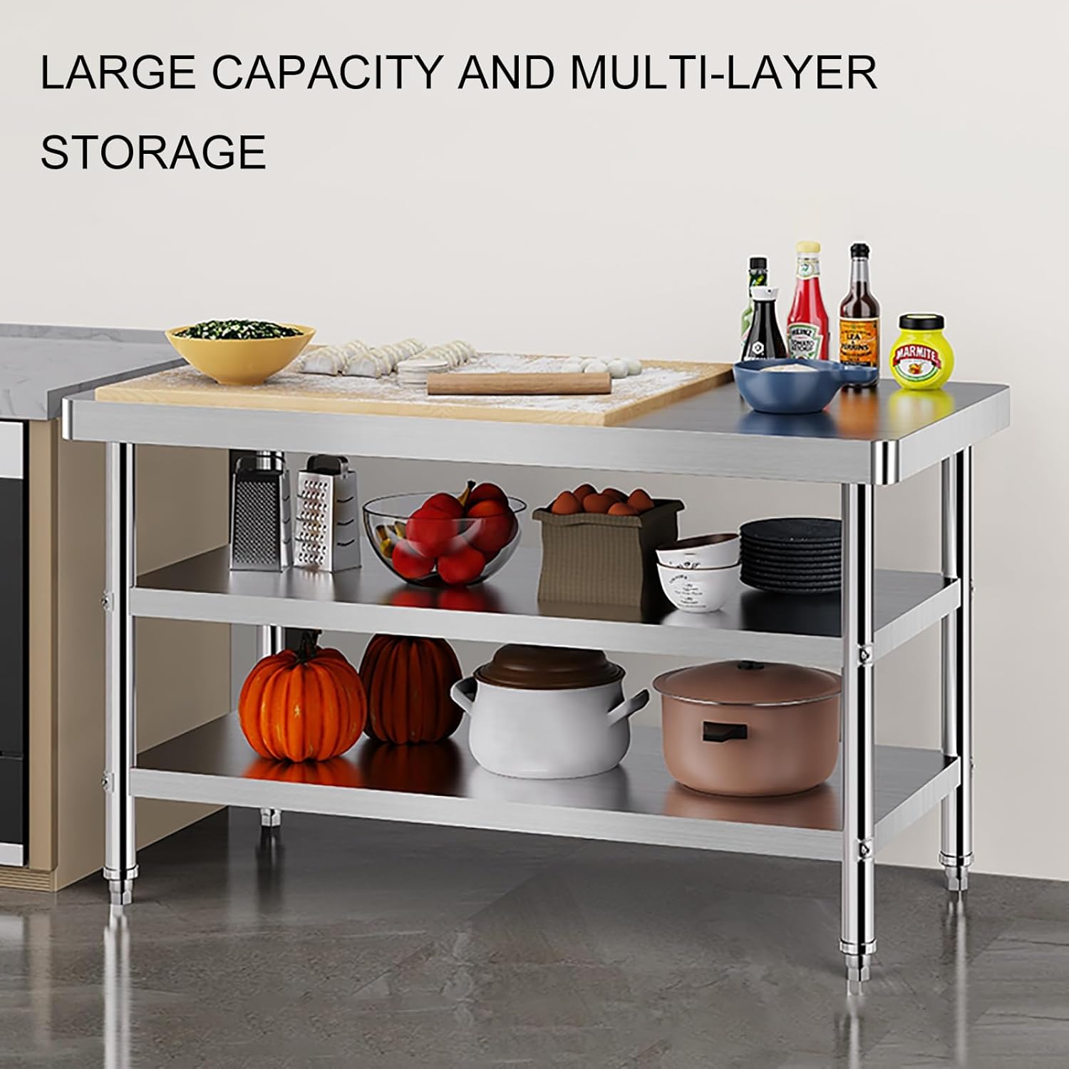 Stainless Steel Work Table, Stainless Steel Table For Prep & Work With Rounded, Food Preparation Workbench, Commercial 3 Shelf, for Restaurant Kitchen Bar and Hotel Garage(80*50*80cm/31.4*19.6*31.4")