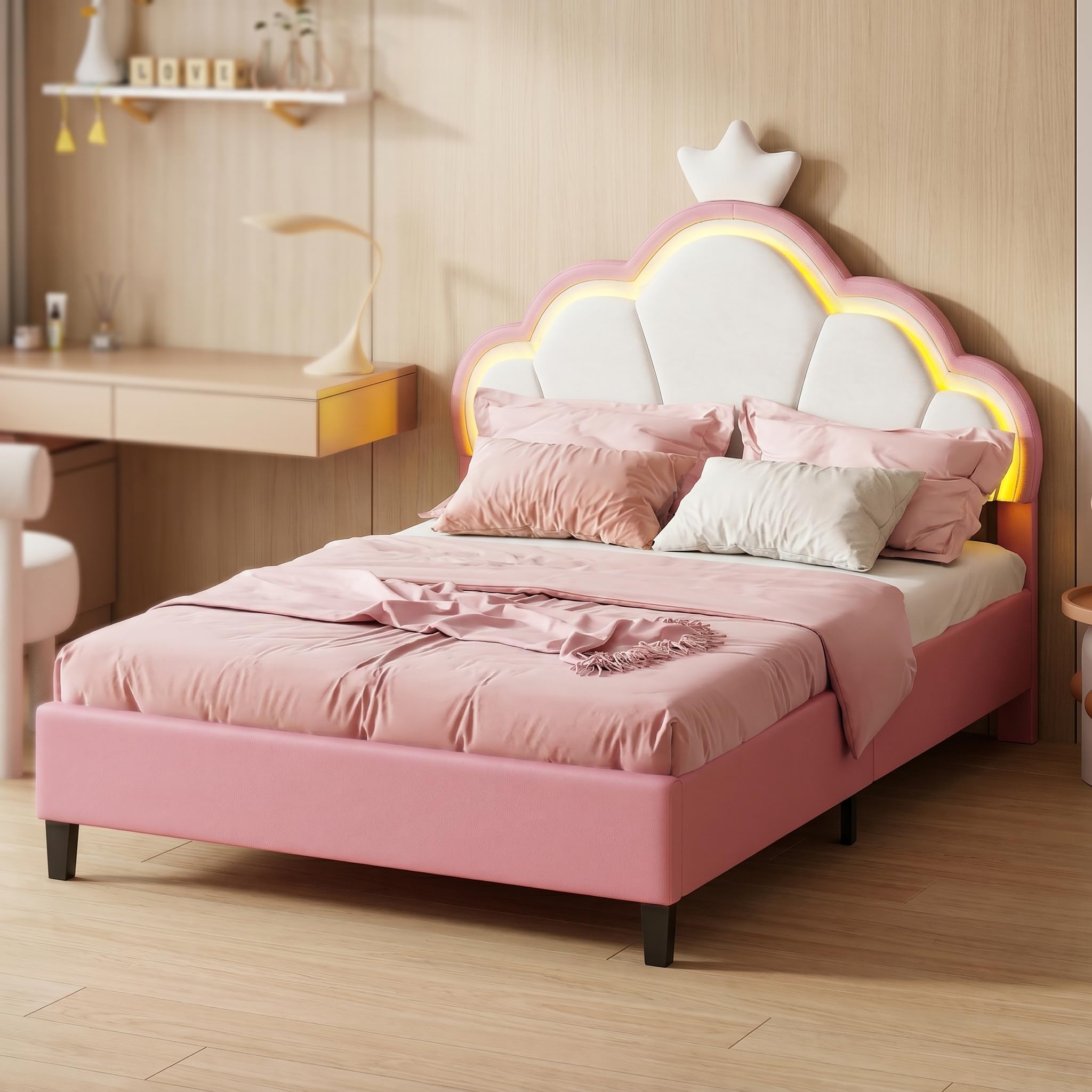 Veyrixan 4ft6 Kids Double Princess Upholstered Bed 135x190cm,Girls Bed Frame with Adjustable Crown Shape Headboard & LED Lights for Childs Small Room,Velvet,Pink(No Mattress)