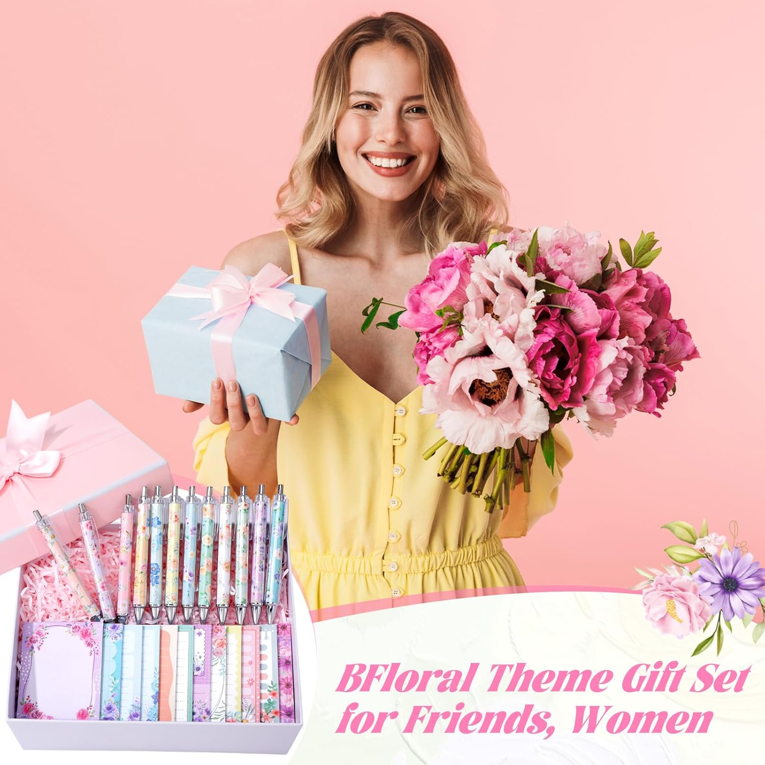 24 Pcs Floral Sticky Notes with Pens Flowers Christmas Cute Gifts Notepads Memo Notes Pads Self Adhesive Black Ink Ballpoint Pen Office School Bulk Stocking Stuffers for Kids Adults - Image 4