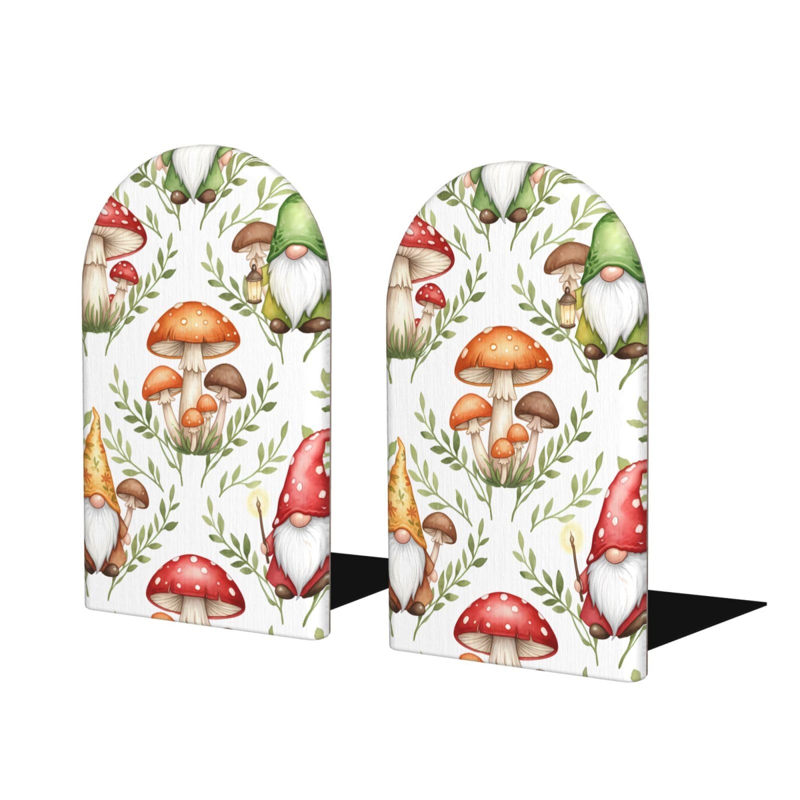 Wood Bookends for Shelves, Mushrooms Gnomes Decorative Non-Slip Book Stands/Holder/Stopper for Office Home Decor, Aesthetic Book Ends, Desk Organizers, Book Dividers