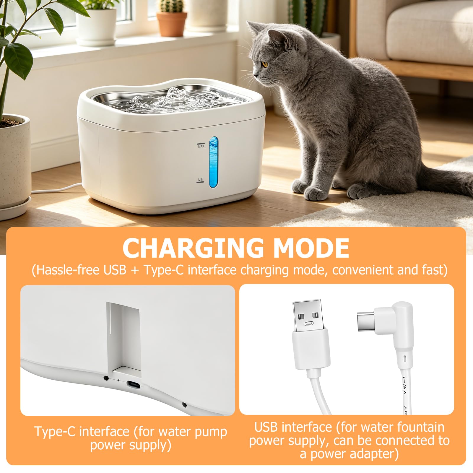 Fuente para gatos inalámbrica, 2,5 L, con detector de movimiento, funciona con pilas, 3000 mAh, fuente de agua con 2 filtros de carbón + 2 esponjas