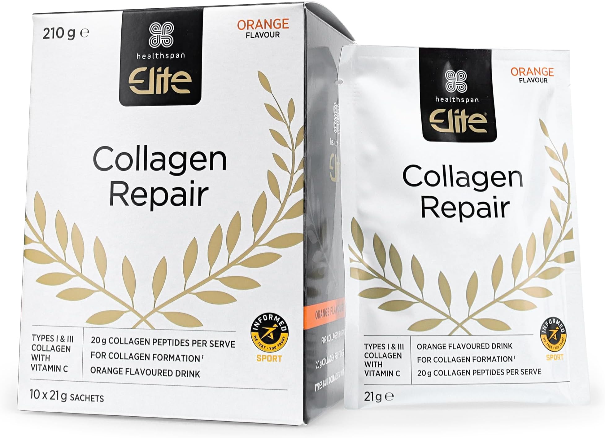 Collagen Repair Collagen (10 x sachets) | Orange Flavoured Drink | for Skin Elasticity & Hydration | Reduction of Fine Lines & Wrinkles | Joint Support & Cartilage Formation