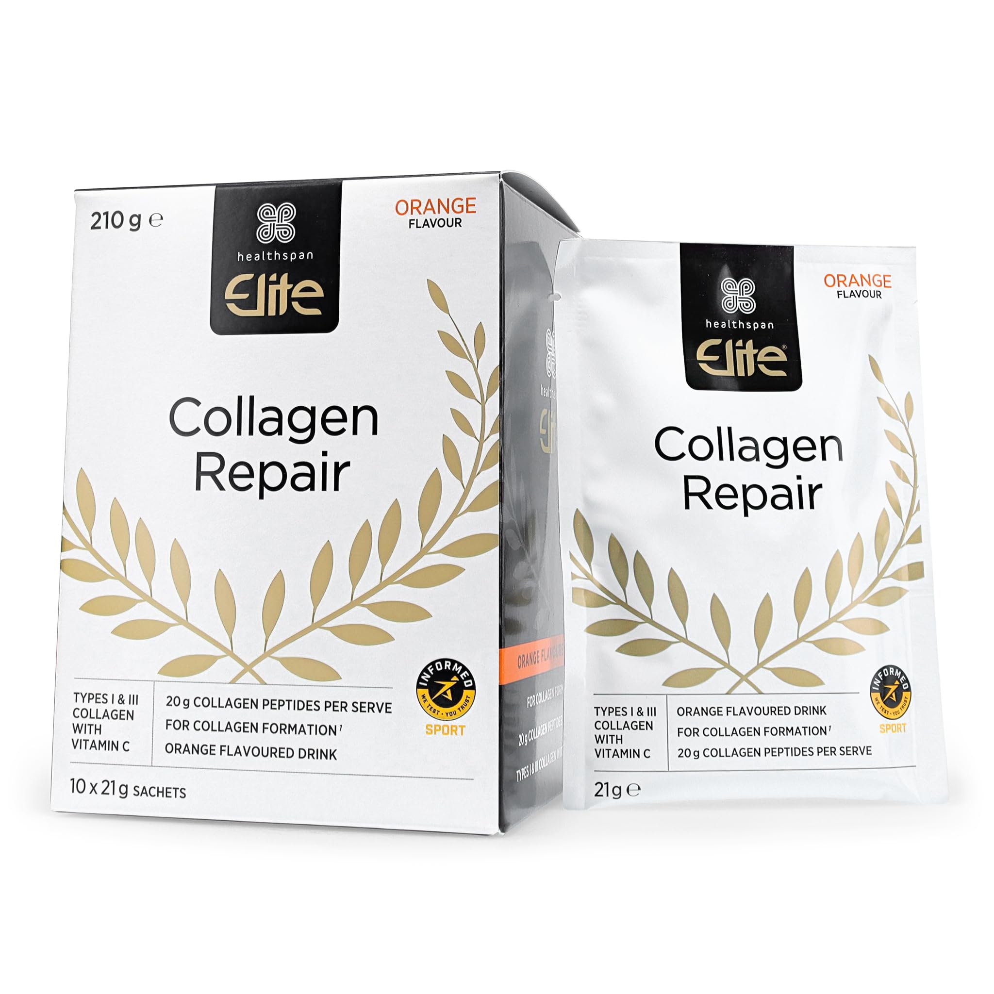 Collagen Repair Collagen (10 x sachets) | Orange Flavoured Drink | for Skin Elasticity & Hydration | Reduction of Fine Lines & Wrinkles | Joint Support & Cartilage Formation