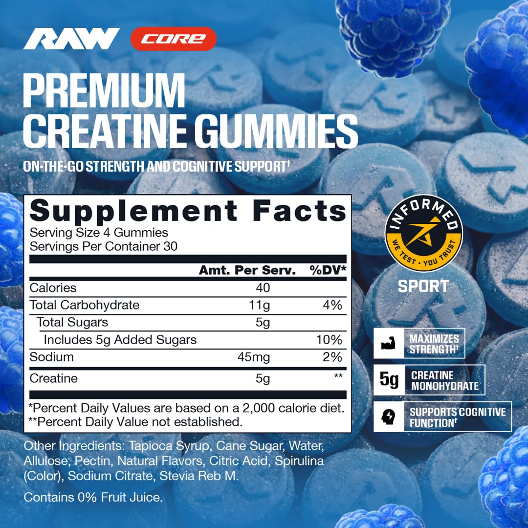 RAW Nutrition Creatine Gummies, Blue Raspberry, 5g Creatine Monohydrate — Amazon image 2