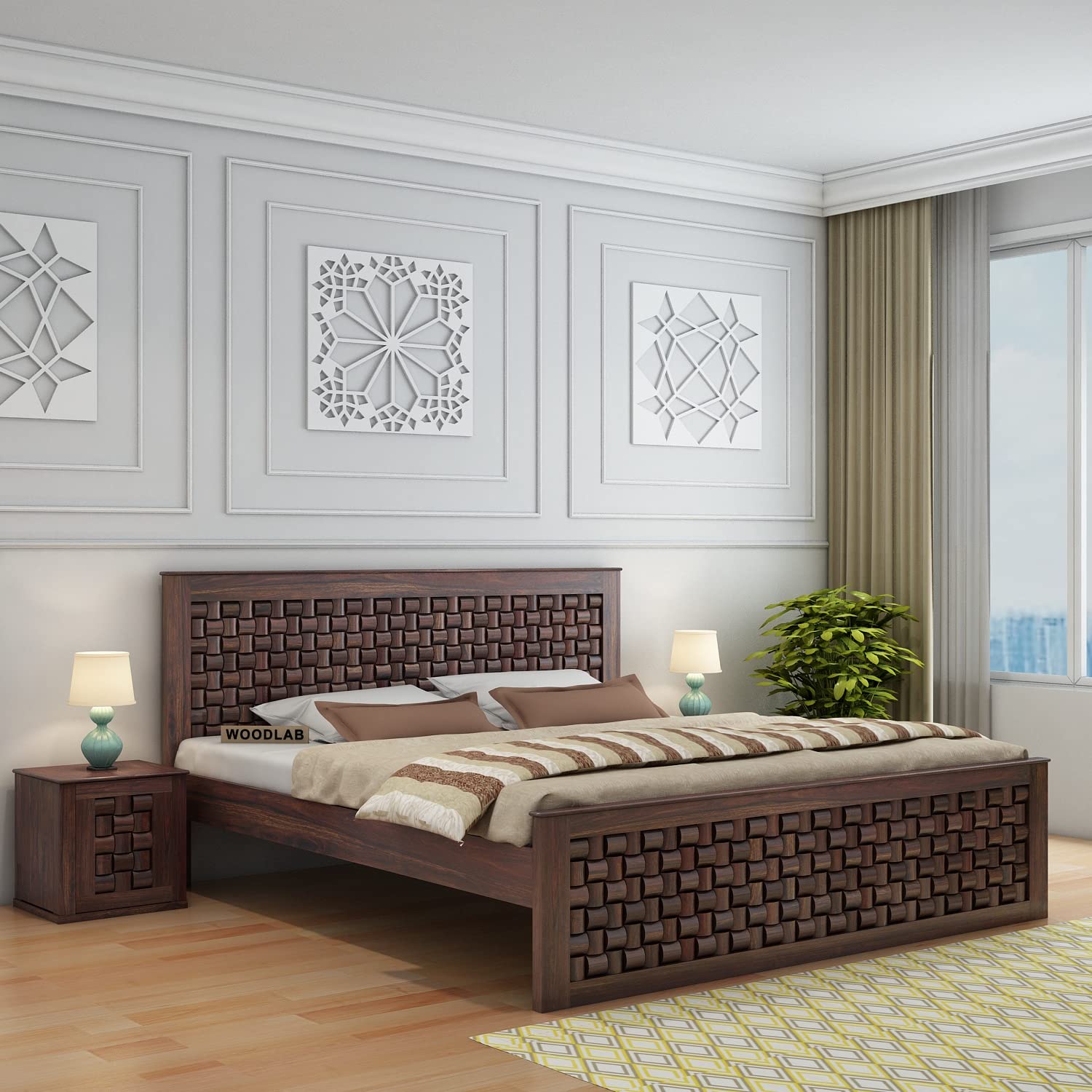 WOODLAB Furniture Sheesham Wood Queen Size Bed Without Storage and with Headboard | Wooden Double Size Bed Cot Palang for Bedroom Living Room Wooden Double Cot Palang Bed (Walnut Finish)