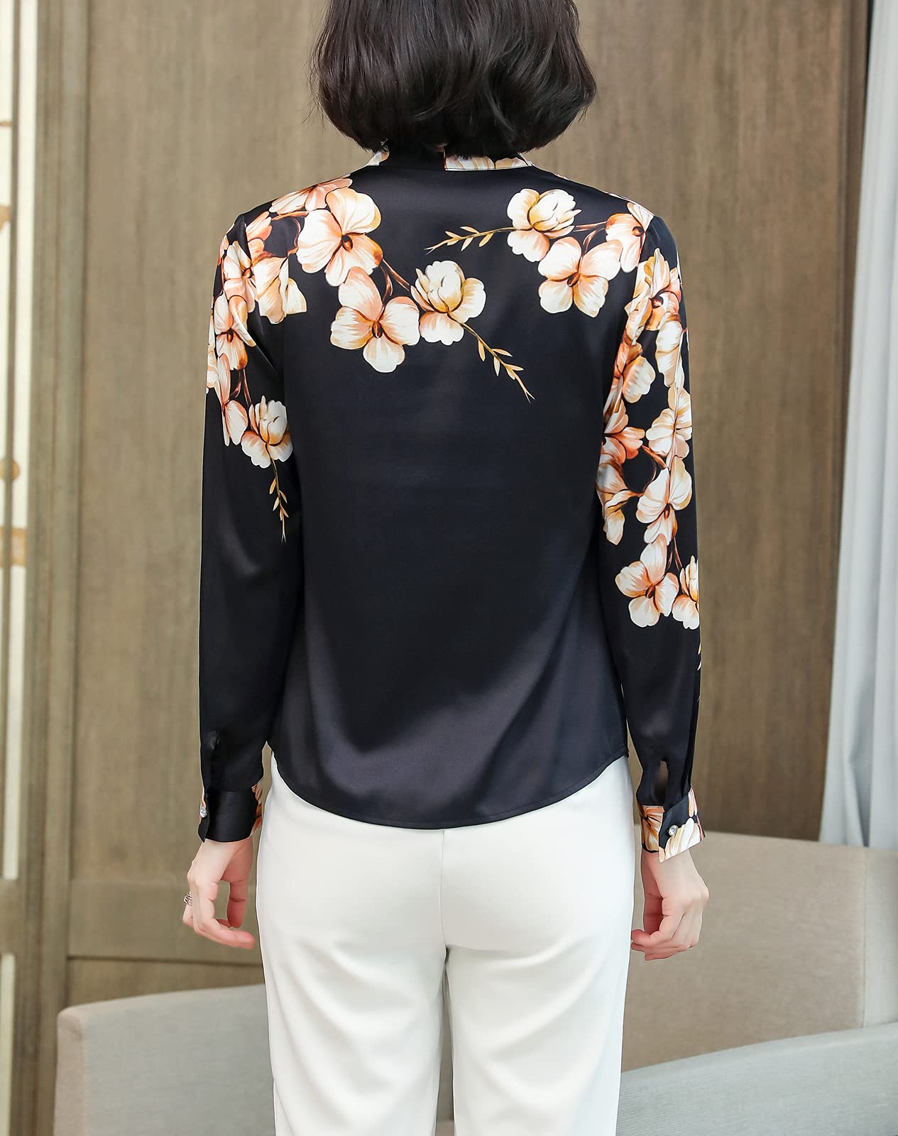 Valin Blusa de seda para mujer con estampado de puente, blusa de manga larga con cuello en V, blusa de seda,S9097
