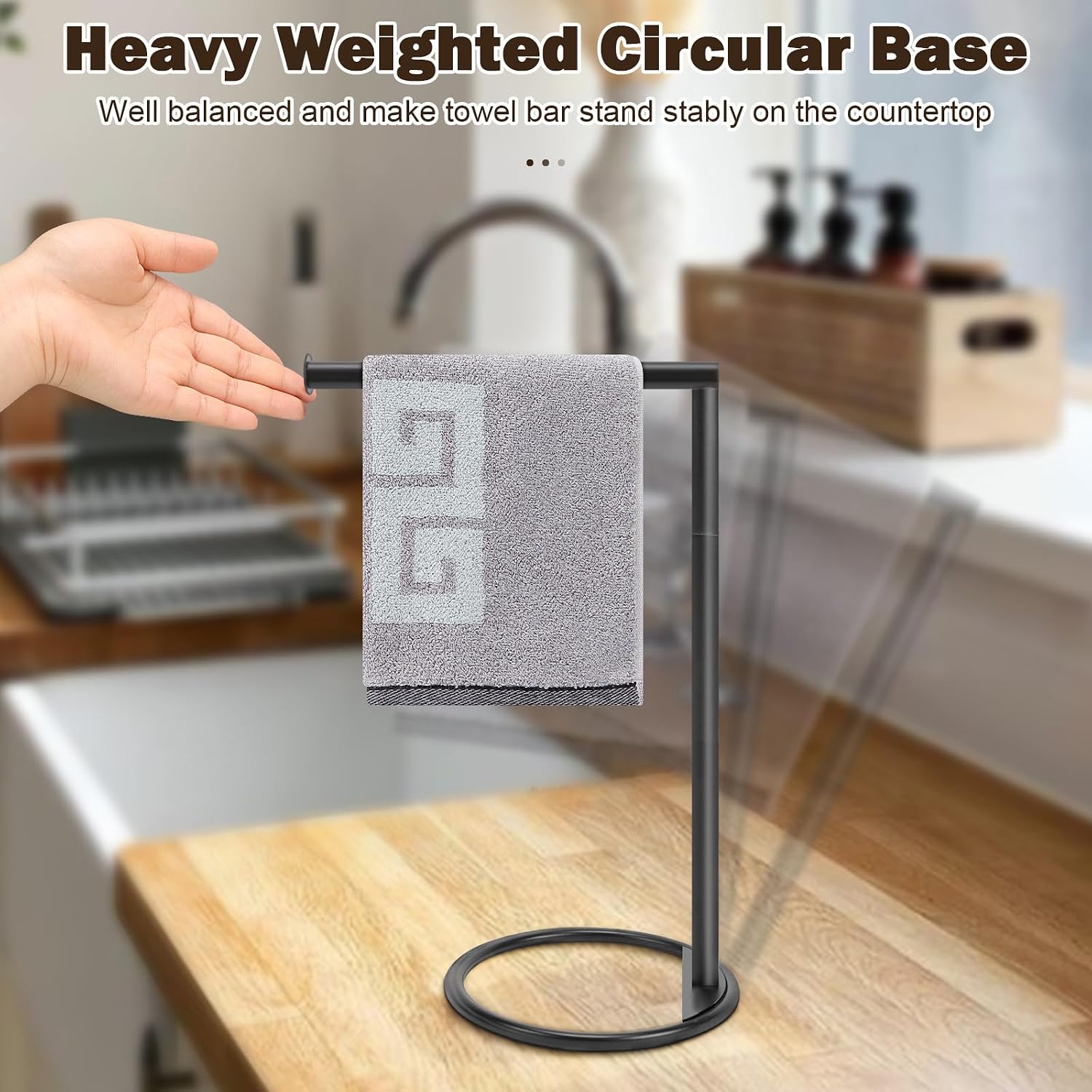 NearMoon Hand Towel Holder Stand, Thicken Metal L Shape Hand Towel Rack, Small Towel Ring, Stable Standing Towel Bar for Bathroom Kitchen Vanity Countertop, 8” L 14” H (Matte Black, 1 Pack)