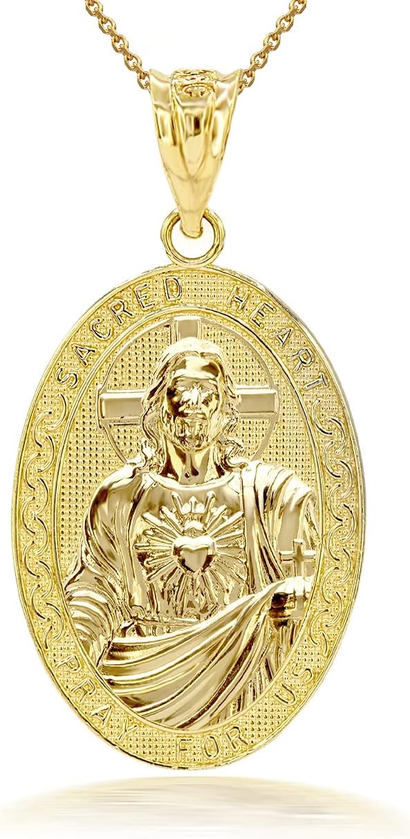 Certified 14k Gold Sacred Heart Of Jesus Pray for Us Medal Religious Pendant Necklace