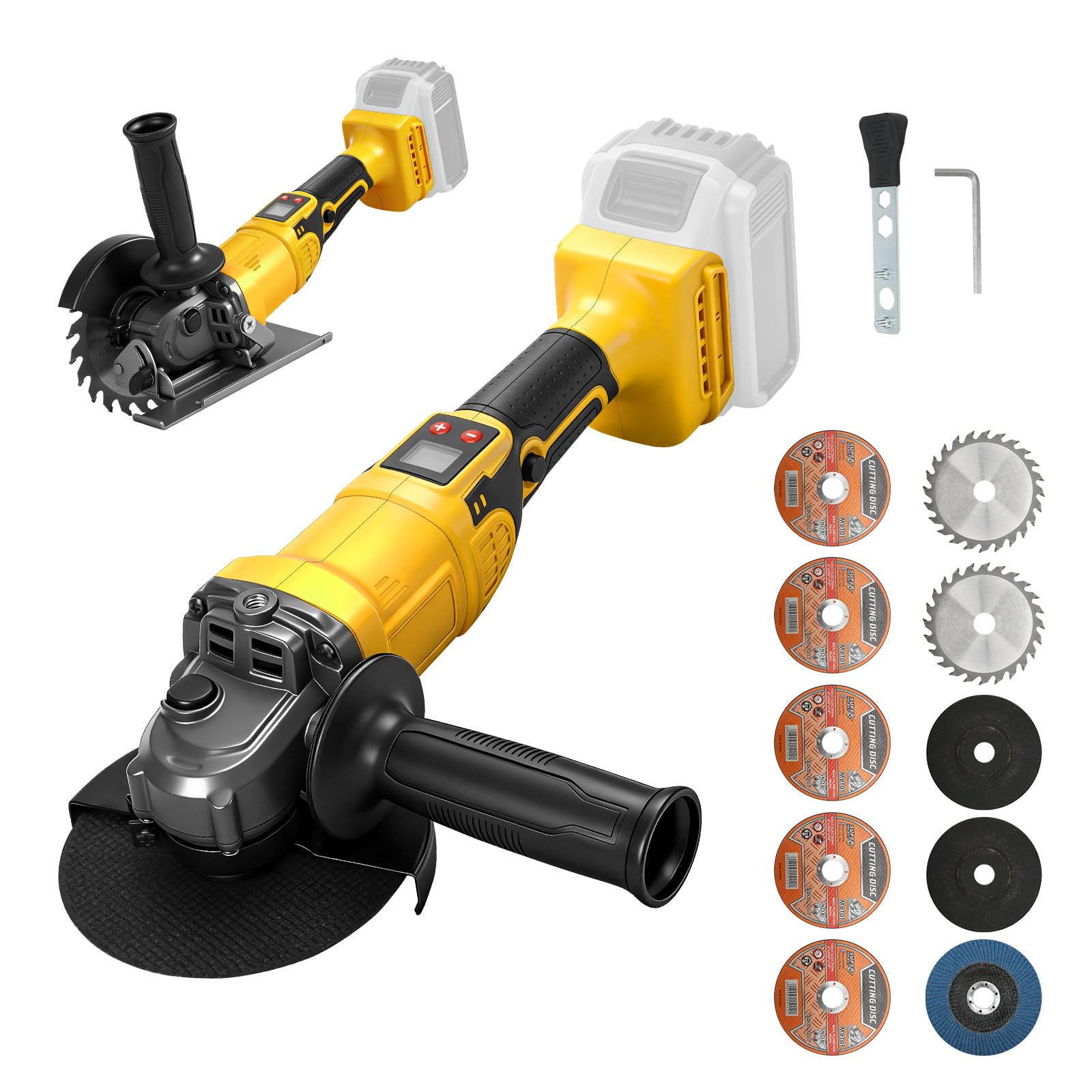 Smerigliatrice Angolare 125 mm Compatibile con Dewalt 20V a Batteria, Smerigliatrice Angolare Motore Senza Spazzole e sega circolare 9000 giri/min, con impugnatura aggiuntiva, Dischi (senza batteria)