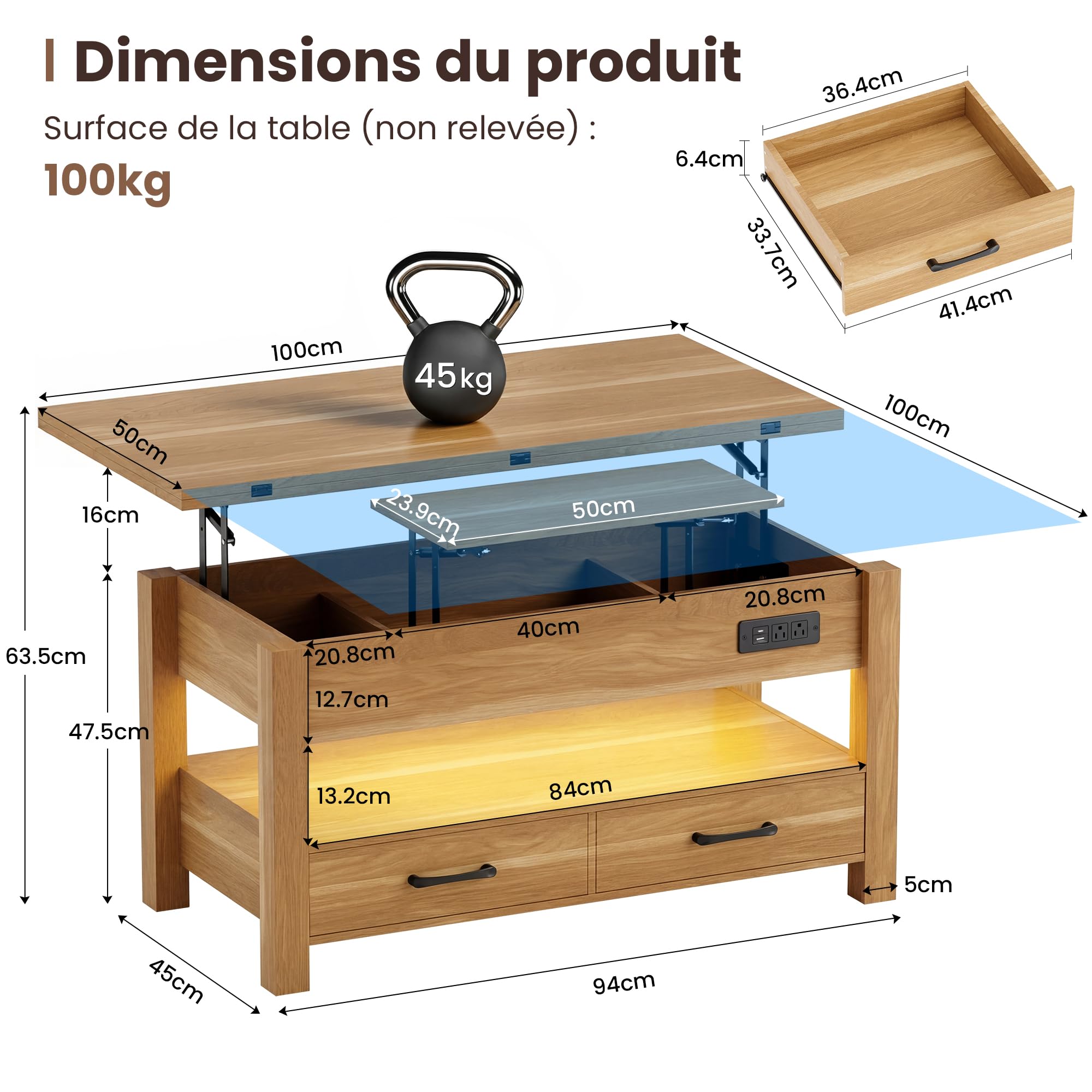 MALOL Table Basse Relevable Intelligente pour Salon, 4 en 1 Multifonction Moderne avec Tiroirs De Rangement, Table Basse en Bois Style Ferme, Naturel