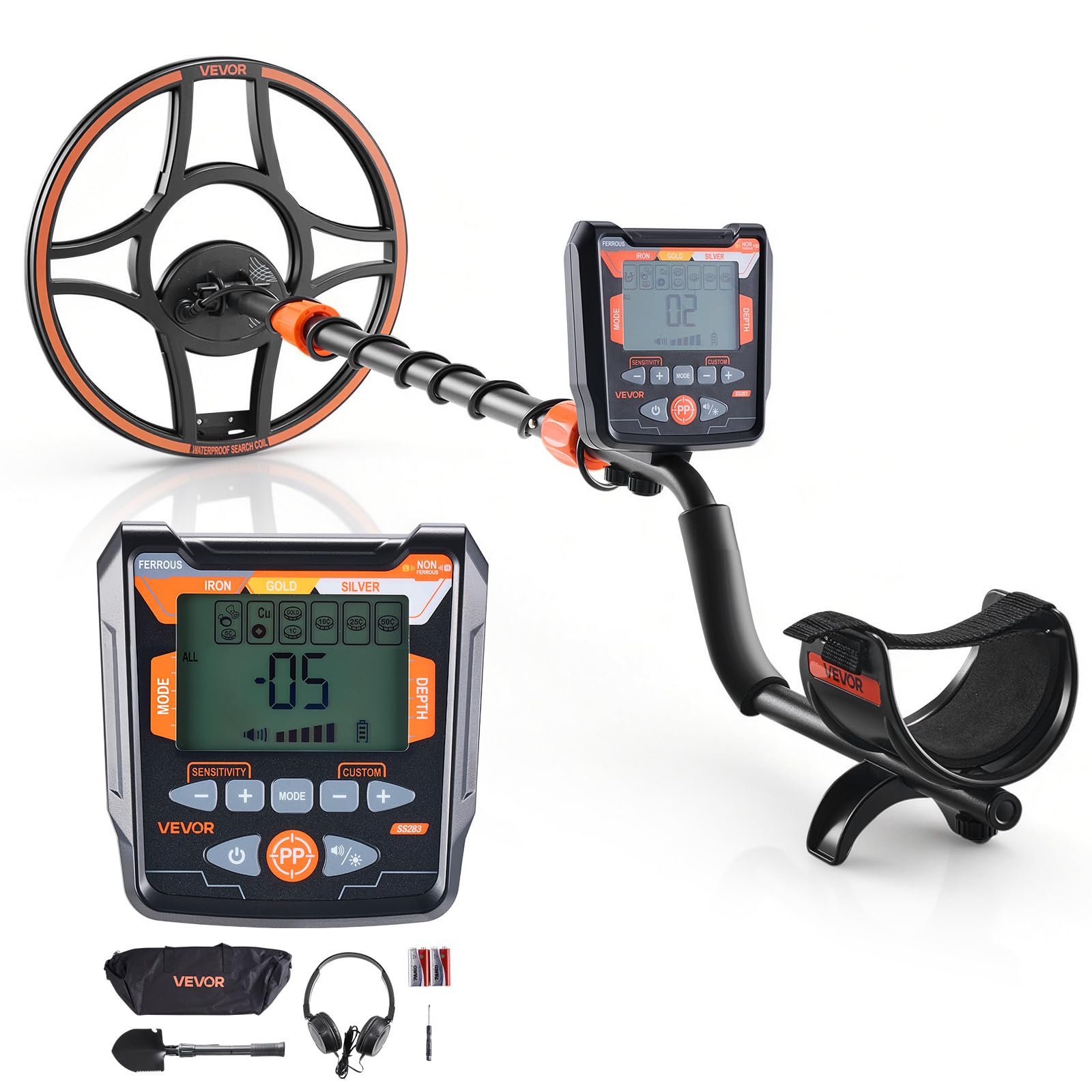 VEVOR Metal Detector per Metalli con Display LCD, Bobina di Ricerca Impermeabile IP68 Profondità di Rilevamento 304,​8 mm Frequenza Operativa 5,​8 kHz, Kit Rilevatore d'Oro Metalli Bosco Spiaggia