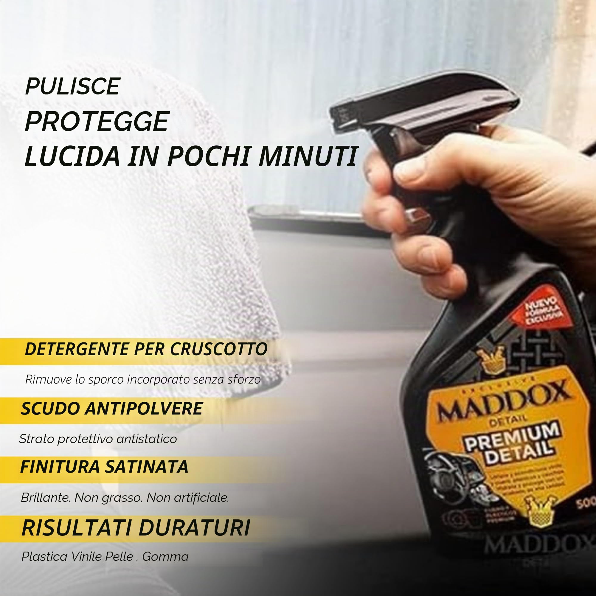 Maddox Detail - Premium Detail 500 ml | Pulitore per Interni Auto | Pulisci Cruscotto Auto | Vinile, Cuoio e Gomme Interni | Rinnova Plastiche Auto | Protettivo per Portiere e Lucidante Interni Auto