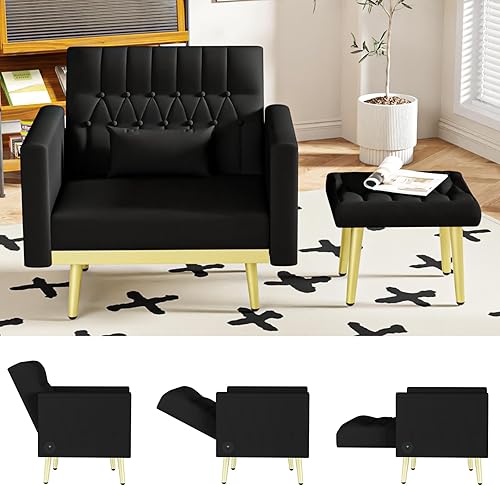 Miniatura 8 de STHOUYN Velvet Modern - Juego de silla decorativa y otomana con 2 puertos USB, cómoda silla de lectura negra, sillas de sala de estar, silla
