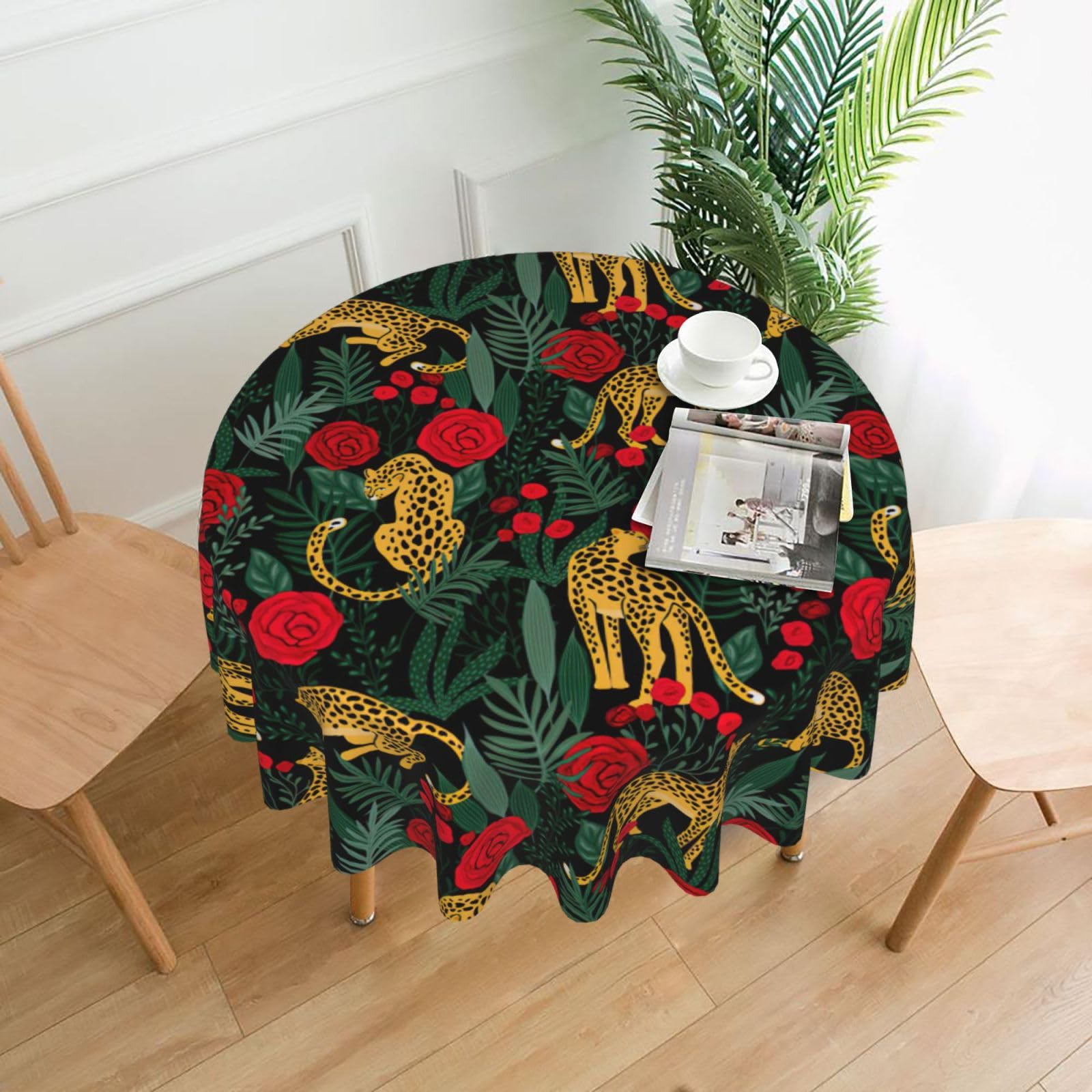 SDEGTHO leopard and roses Print Modern Retro Round Tablecloth 60in Polyester Fabric Cover for Party Dining Table Washable
