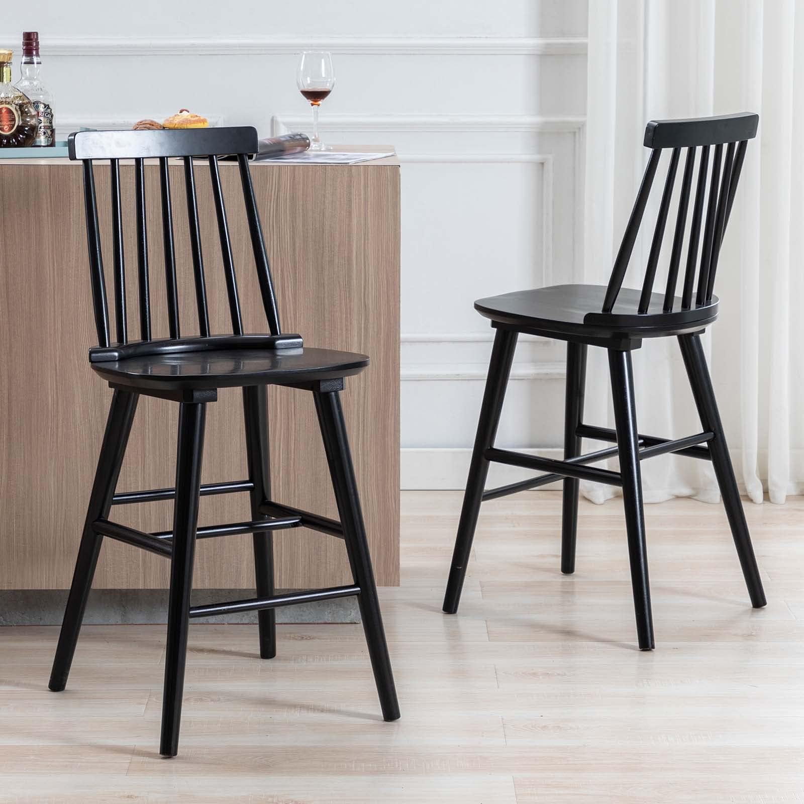 DUHOME Wood Bar Stools Set of 2, Farmhouse Counter Stools 24’’ Barstool with Spindle Back Counter Height Stool Chairs for Kitchen Islands, Black