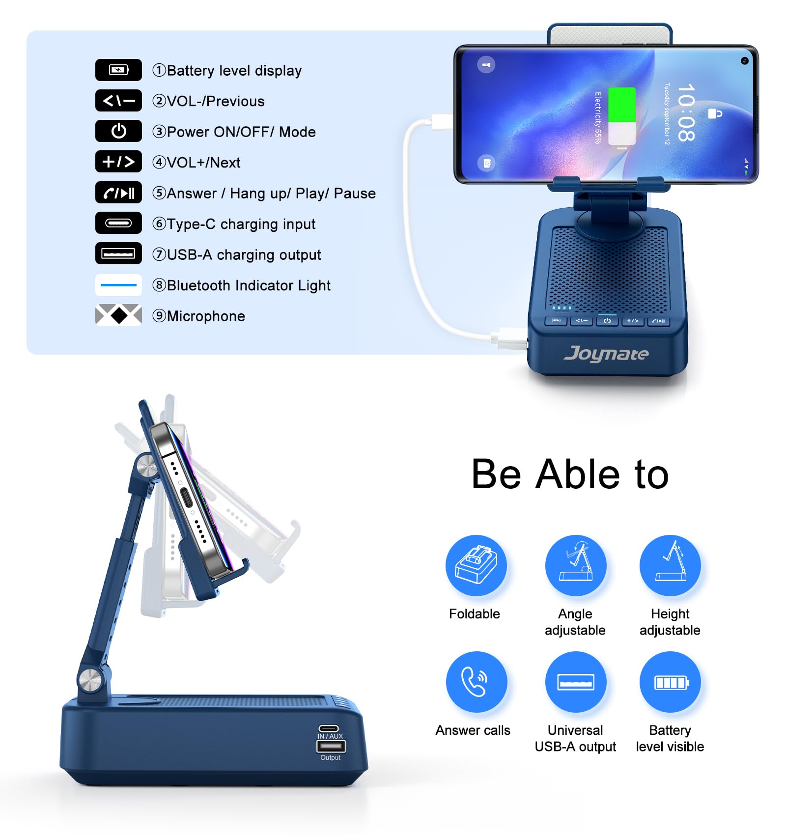 Regali per uomini e donne, supporto per telefono Bluetooth con funzione di ricarica, girevole a 360°, regolabile, suono surround HD, per scrivania, adatto a tutti i telefoni e tablet (blu)