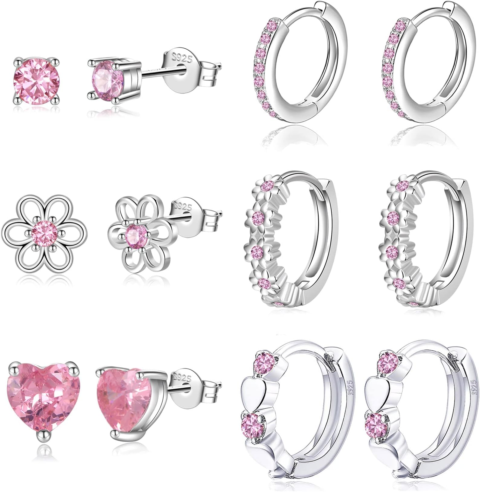 6 Pairs Huggie Hoop Earrings for Girls 925 Sterling Silver Stud Sets Cute Kids Heart Hoops Tiny Cubic Zirconia Flower Stud Small Hypoallergenic Cartilage Sleeper Earrings for Teen Toddler Childs Women
