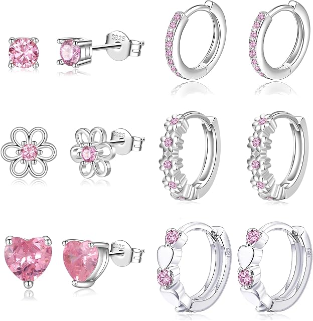 6 Pairs Huggie Hoop Earrings for Girls 925 Sterling Silver Stud Sets Cute Kids Heart Hoops Tiny Cubic Zirconia Flower Stud Small Hypoallergenic Cartilage Sleeper Earrings for Teen Toddler Childs Women