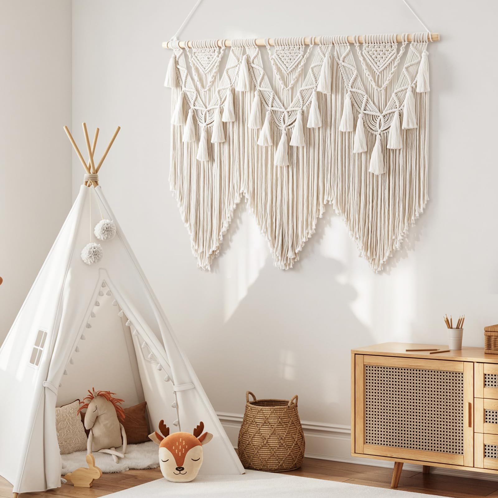 Dremisland Große Makramee Wandbehang Wandteppich Beige Boho Deko Wanddeko | Gewebte Baumwolle Wandteppich Quasten Tapisserie Wandkunst Dekoration Tapestry Wanddekoration für Schlafzimmer Wohnzimmer