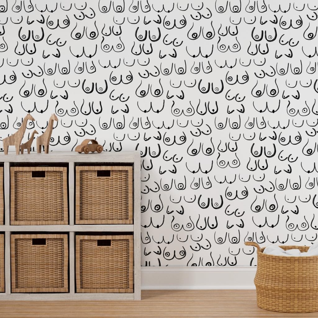 Peel & Stick Wallpaper 3ft x 2ft - Large Black White Feminine Lady Trendy Line Drawing Women Custom Removable Wallpaper by Spoonflower