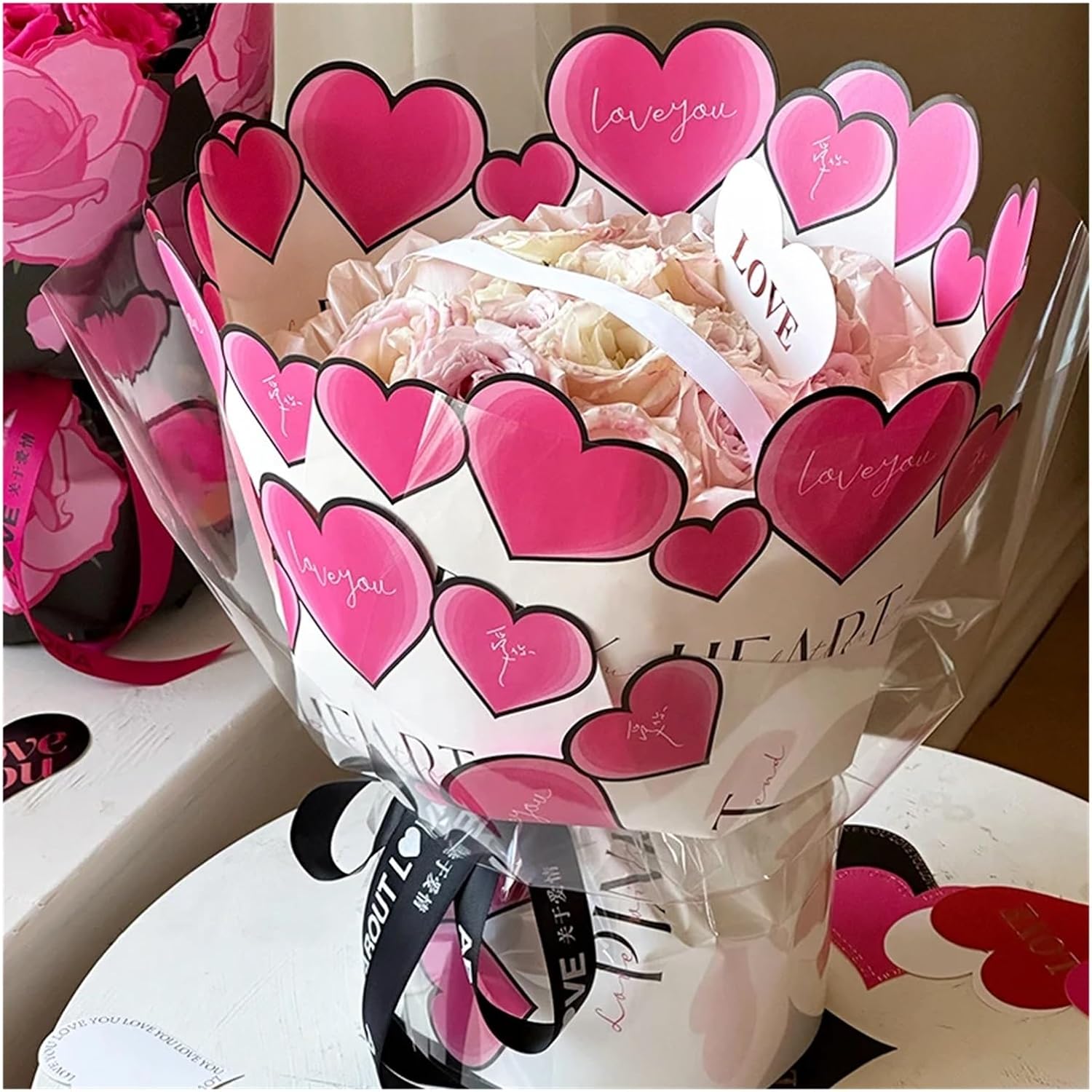 SFCHEN Valentine'S Day Heartbeat Rose Flower Wrapping Paper Art Sweets Aesthetics Supplies DIY Craft Korean Wrapping Paper For Flowers(Pink - Heart)