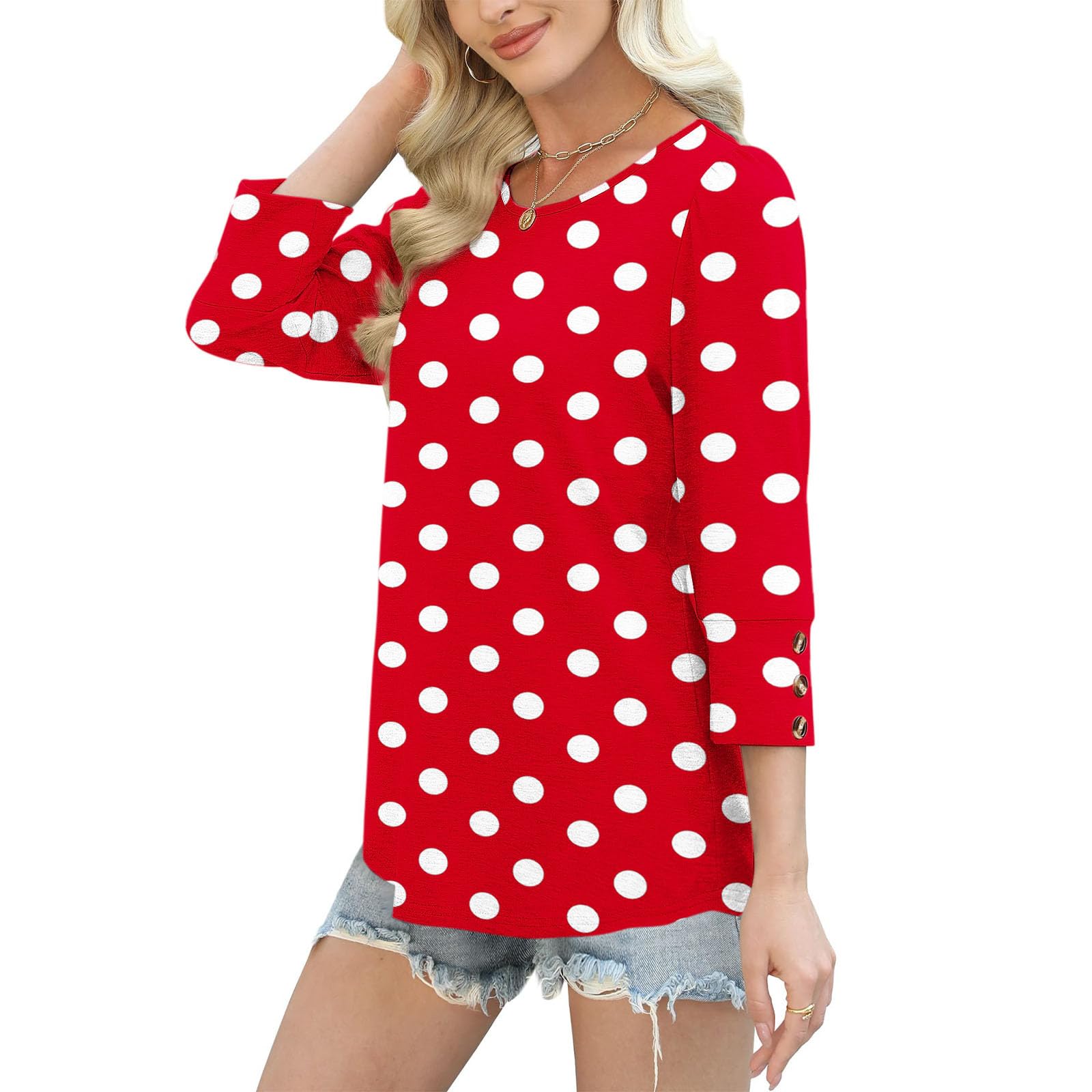 T-Shirt Damen 3/4 Ärmel, Punkte Dekoration Shirt Baumwolle Oberteile Damen Tshirt Rundhals Casual Tunika Tops Modisches Bluse Locker Sommer T-Shirts Weich und Bequem Langarmshirt