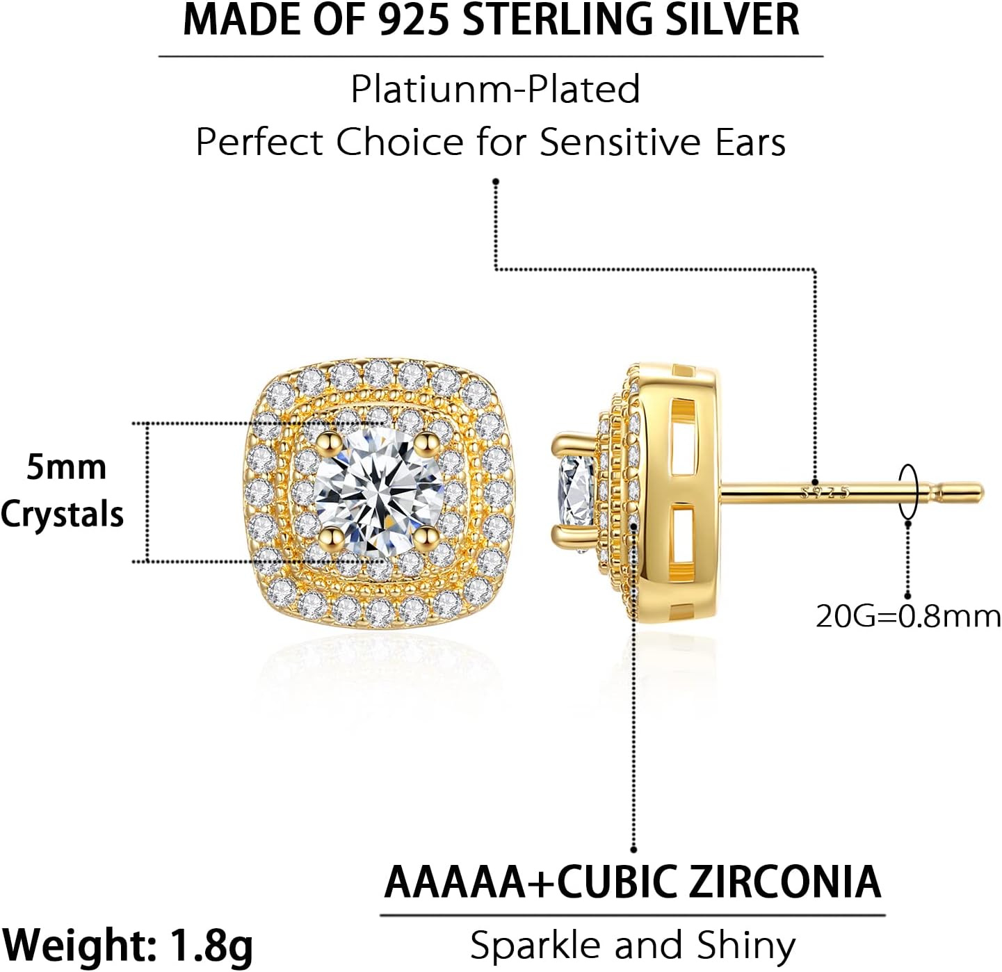 18k Gold Nugget Earrings for Men Cubic Zirconia Square Earrings for Men Women Hypoallergenic Jewelry - Image 5