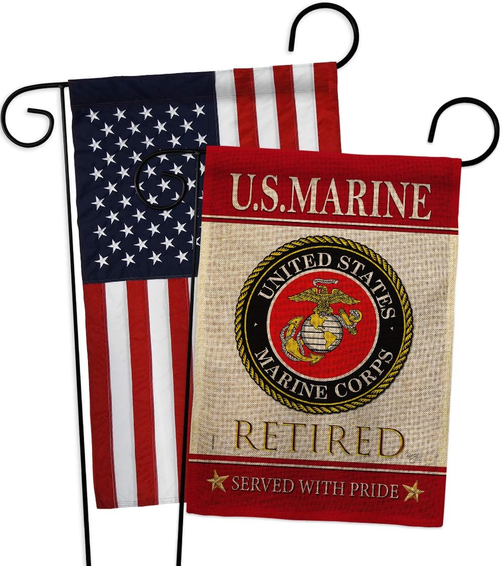 US Marine Retired Burlap Garden Flags 2pcs Pack Armed Forces Corps USMC Semper Fi United State American Military Veteran Retire Official Small Gift Yard House Banner Double-Sided 13 X 18.5