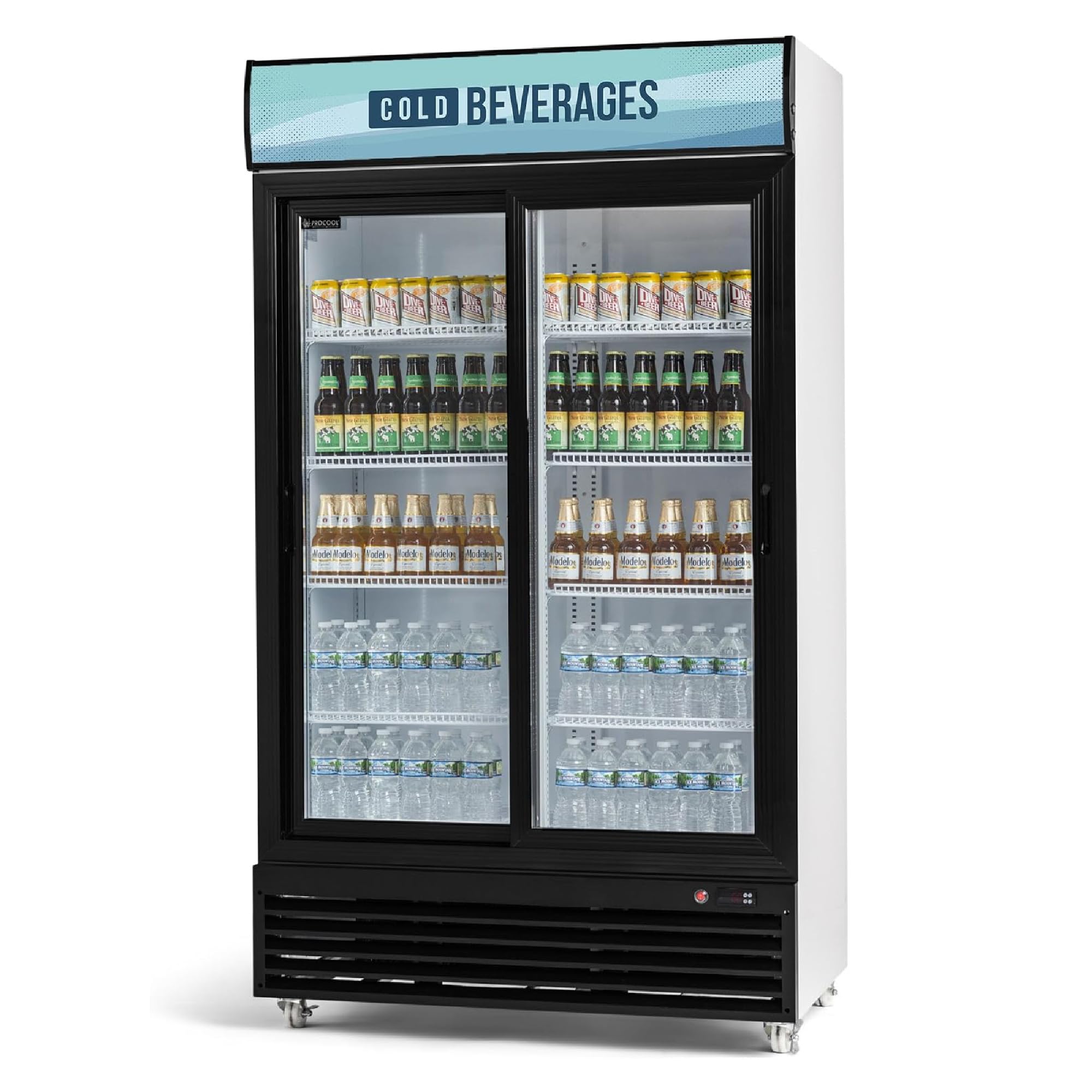 Procool White Sliding 2-Door Display Fridge, 35.3 CuFt, Cold Beverages Sign