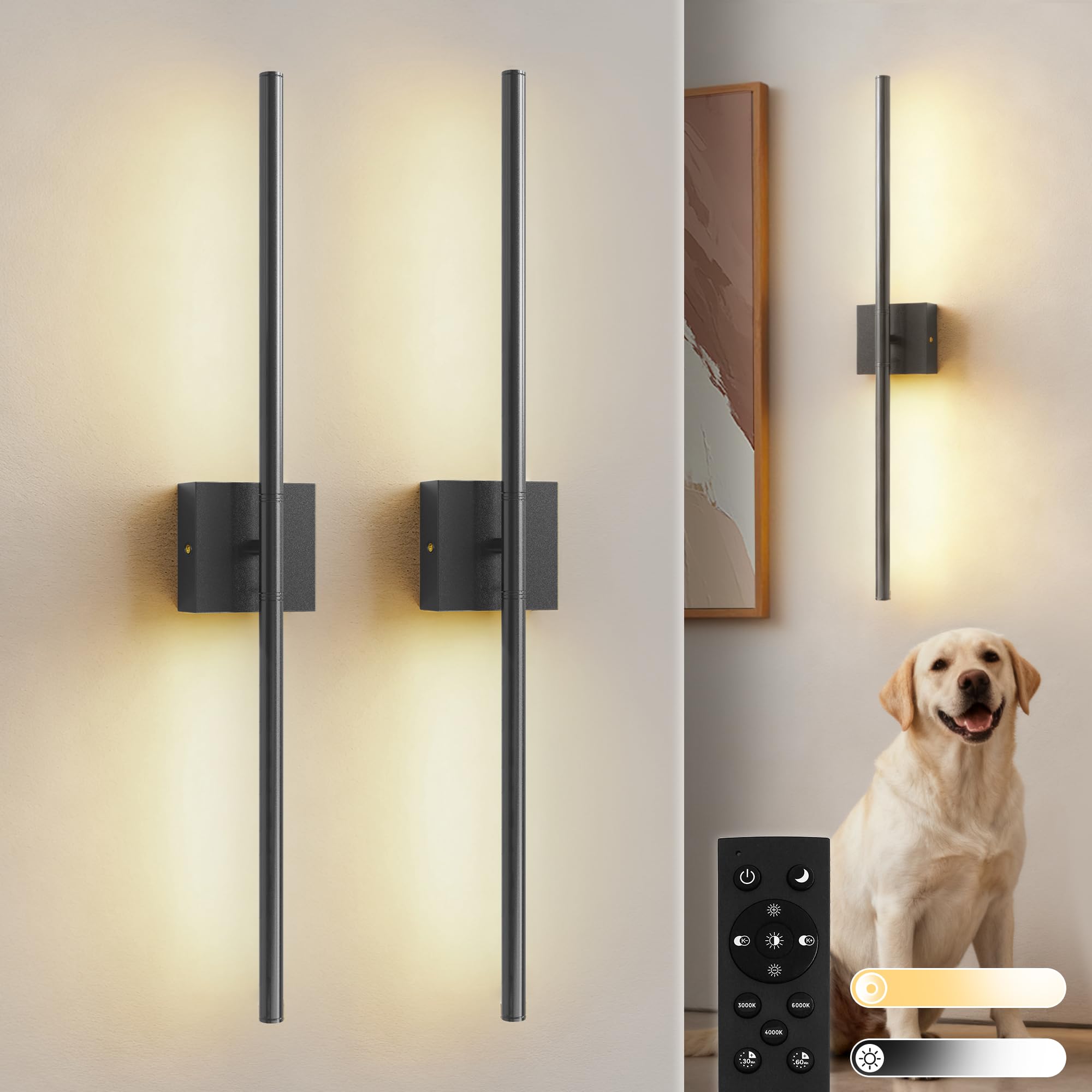 L LOHAS LED Battery Operated Wall Sconces Set of 2, Battery Wall Sconce 10000mAh, Black Rechargeable Sconces 3CCT, 28.1 Inch Wireless Wall Lights, Sconce Wall Decor for Bedroom, Living Room