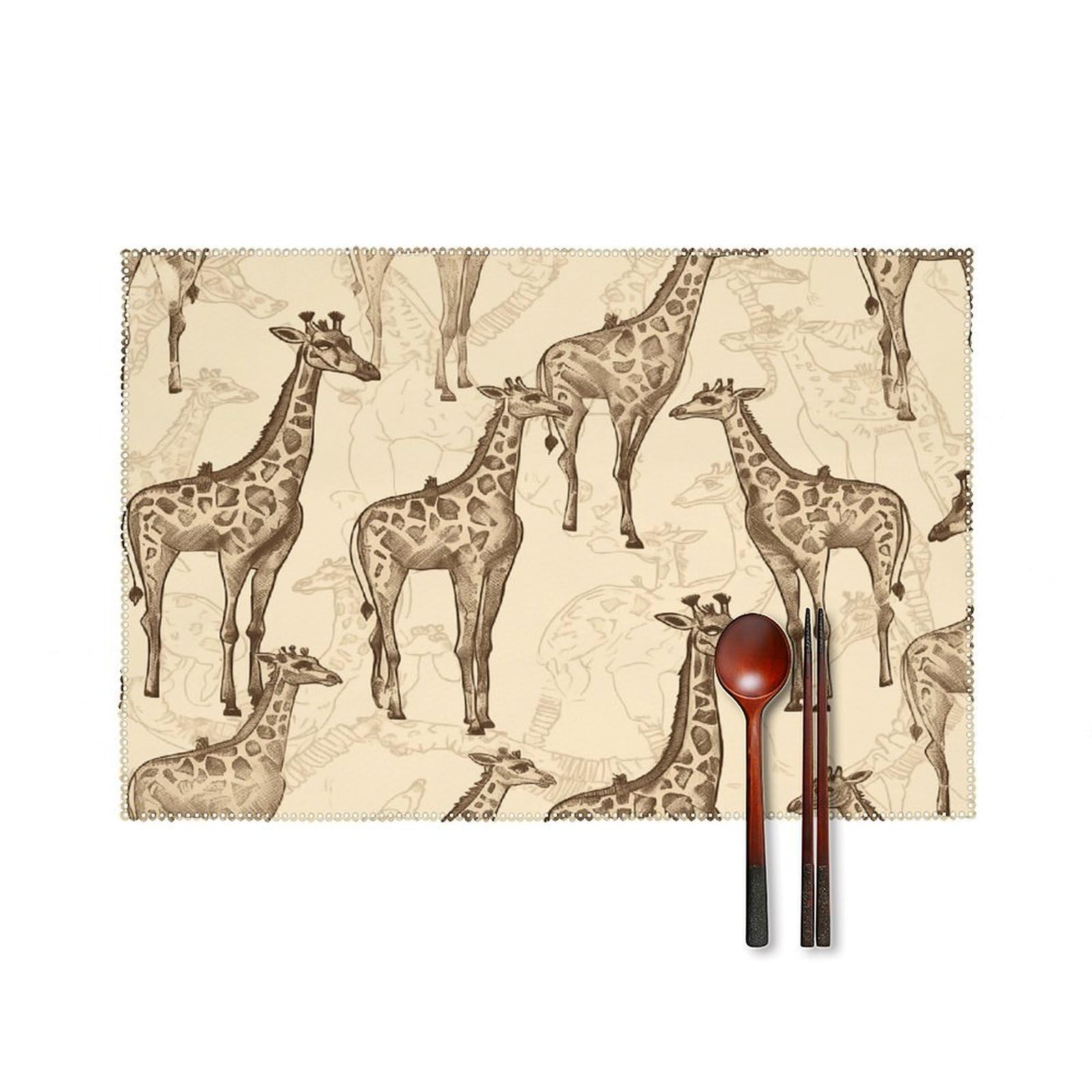Btcowzrv Style Hand Drawn Giraffes Canvas Placemats Set Of 6, Wipeable Washable Place Mats For Indoor & Outdoor, Table Mat Decor For Kitchen Dining Party