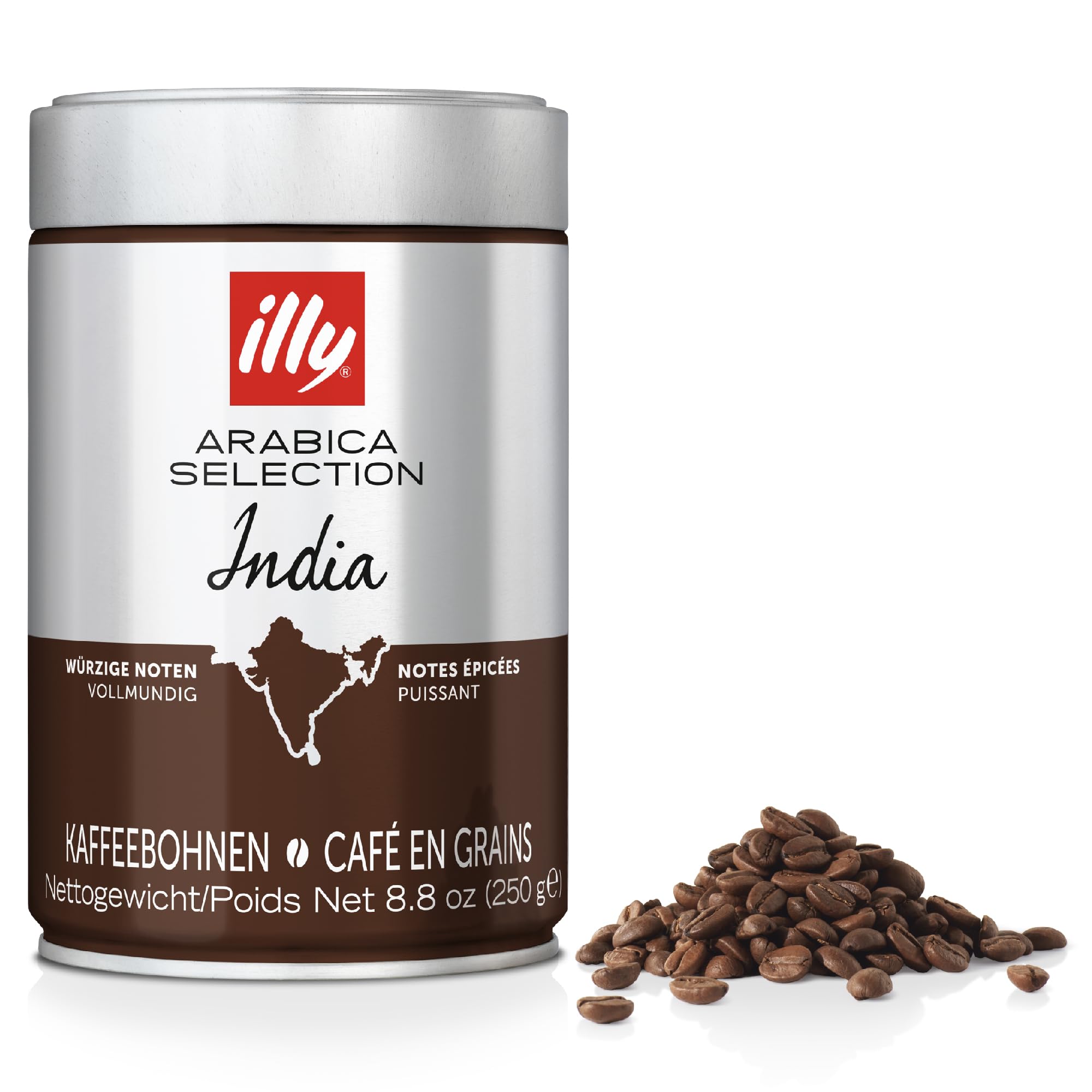illyCoffee - Coffee Beans - India - Dark Roast - 100% Whole Arabica Beans - Ideal for Moka Pots, Filter Coffee, Espresso and Lungo Coffees - 250g Tin