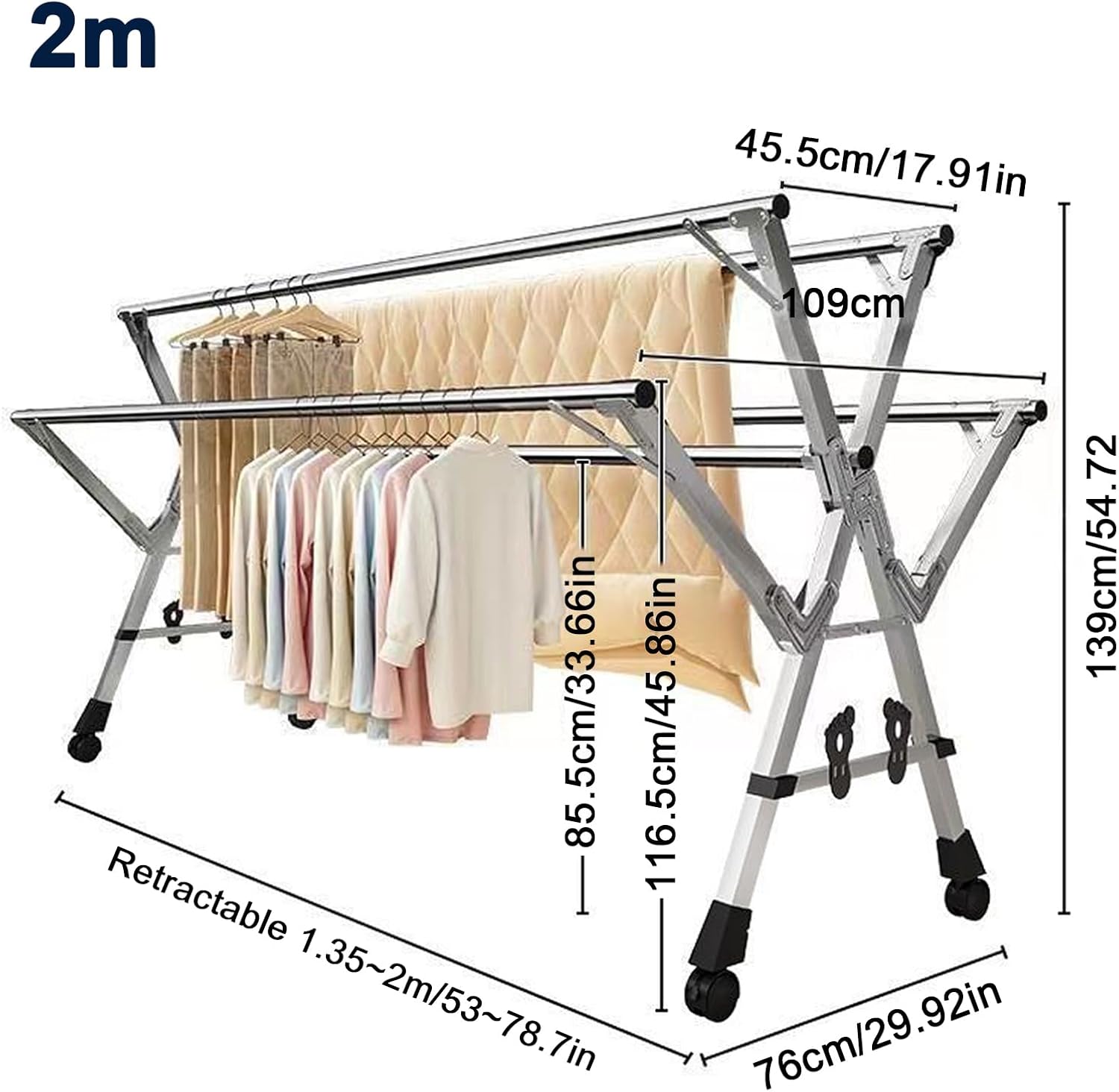 Stainless Steel Heavy Duty Folding Clothes Airer Rack, Indoor/Outdoor Retractable Drying Rack, 63/79/95 Inches, Space-Saving Clothes Dryer, 135-200cm (53-78.7in)