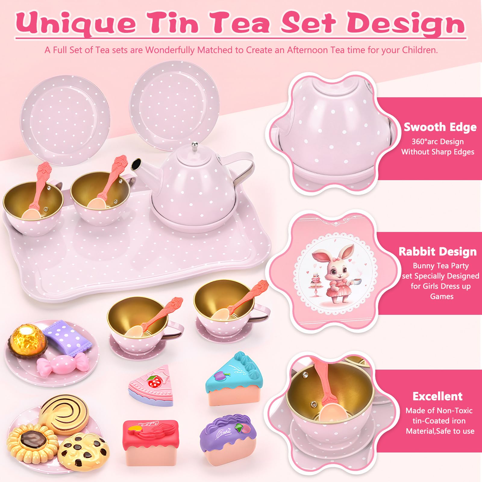 50-teilig Teeservice Kinder,Puppengeschirr Kinderküche Tin Teekanne Set,mit Rosa Bunny Spielzeug Tragetasche,mit Dessert Rollenspiele für 3 4 5 6 7 Kinder Mädchen