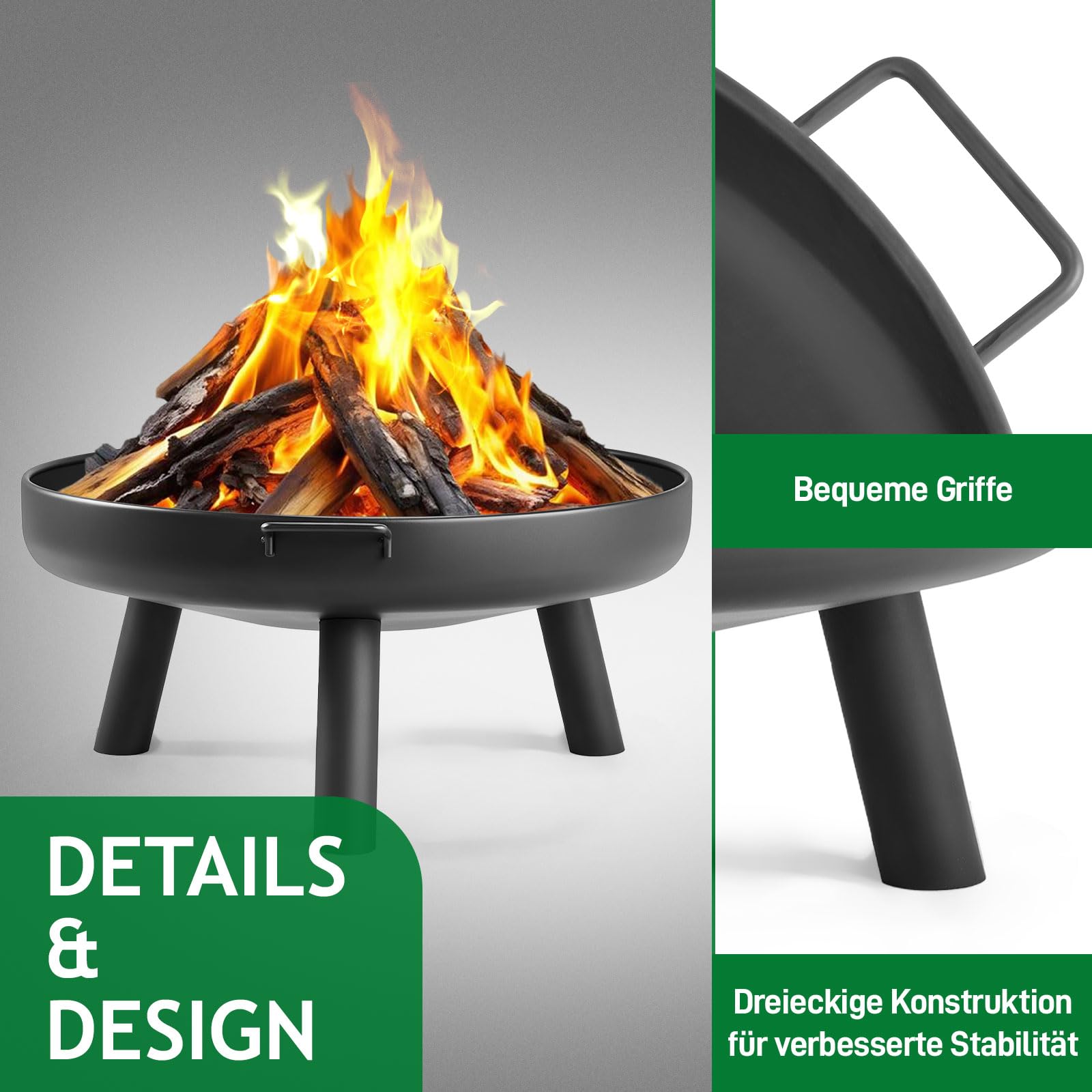LEADZM Braciere Ø 70 cm struttura in ferro | con 2 manici robusti + ganci per fuoco, braciere per legno e carbone, braciere come braciere per giardino, terrazza, fuochi da falò, colore nero