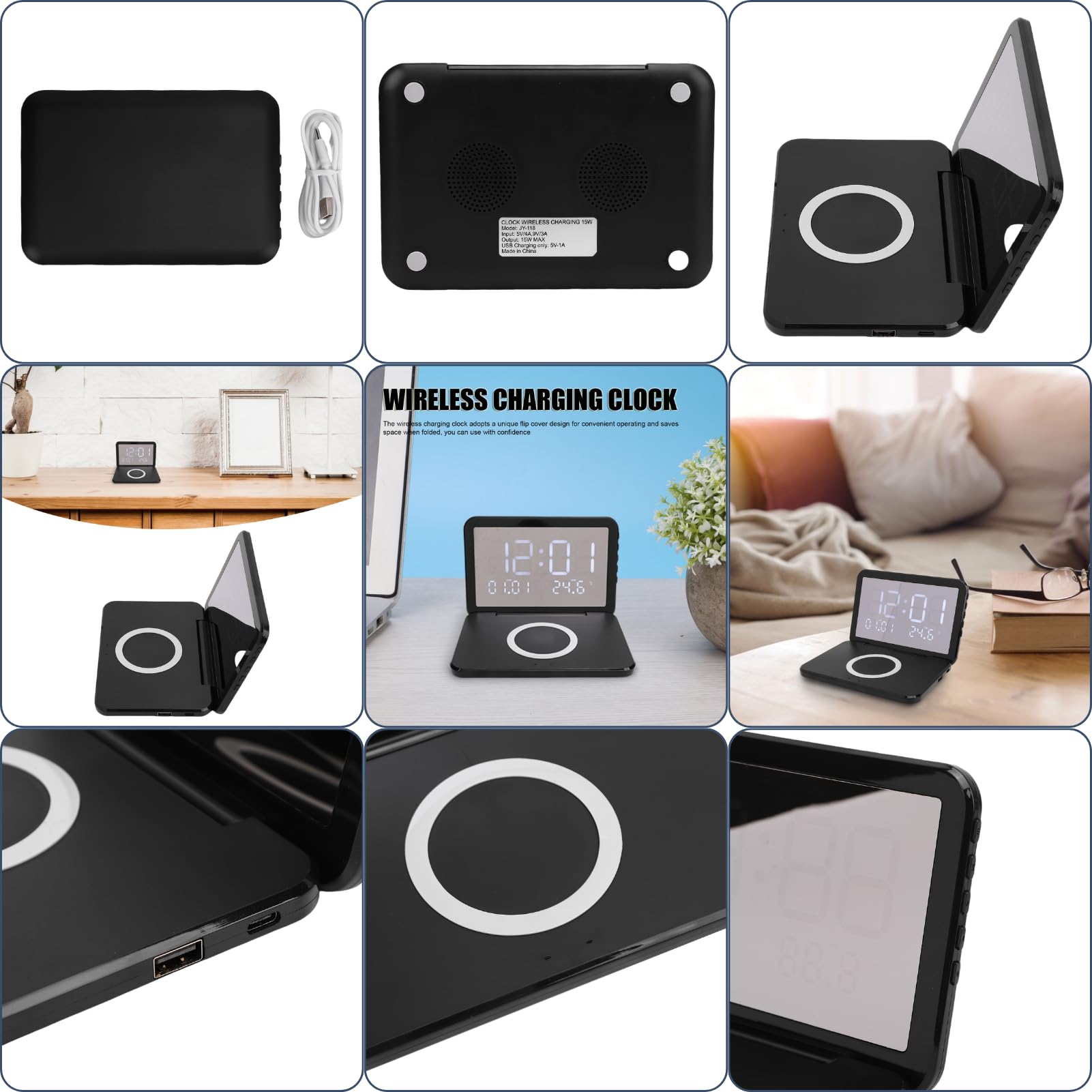 Sveglia Digitale con Stazione di Ricarica Orologio da Comodino Pieghevole 4 in 1 con Termometro Caricabatterie Wireless da 15 W, Sveglia con Ricarica Wireless Display a Specchio (Nero)