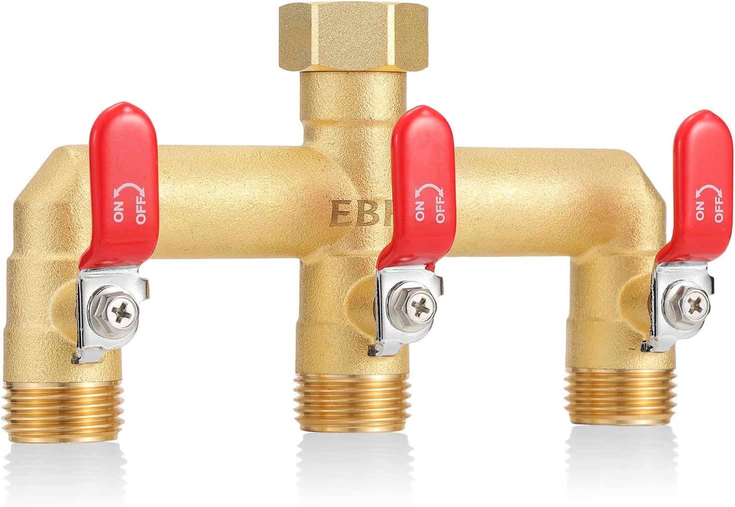 EBH Garden Hose Splitter, 3-Way High Flow Heavy Duty Brass Outdoor Hose Manifold with Long Handles Full Flow Faucet Adapter- 3/4” GHT(RED)