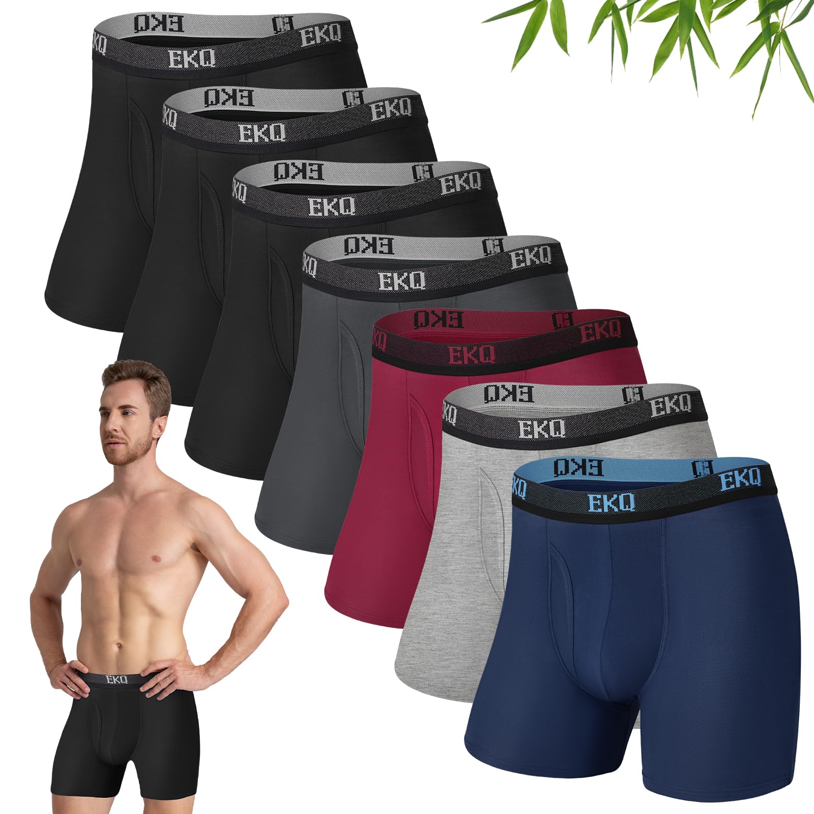 EKQ Mens Boxer Briefs Underwear 7 Pack Breathable Bamboo Rayon Boxers for Men Soft Stretchy Men's Underwear with Fly