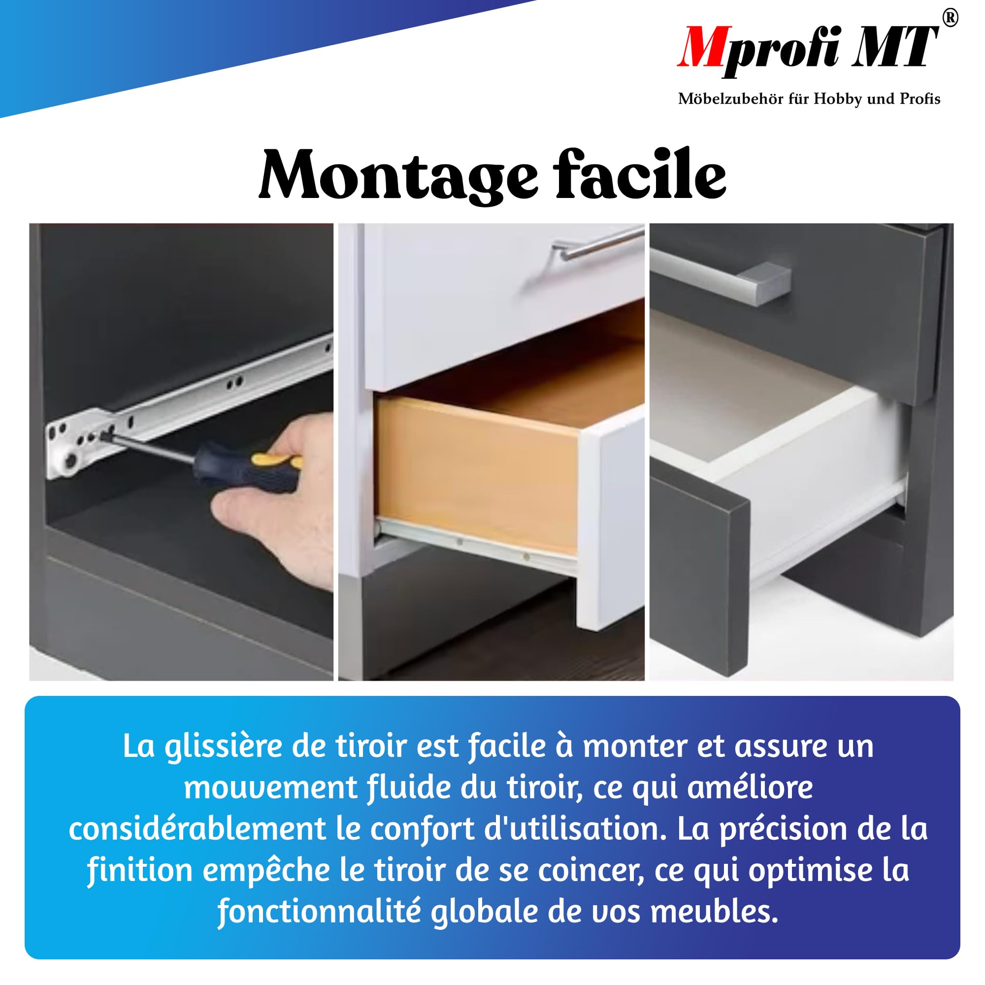Mprofi MT® 20 Pièces, 10 Paires | Coulisse Tiroir | Glissiere Pour Tiroir | L:250mm | Rail Tiroir Coulissant | Rail Coulissant | Acier Galvanisé Coulisse à Sortie Partielle | Blanc