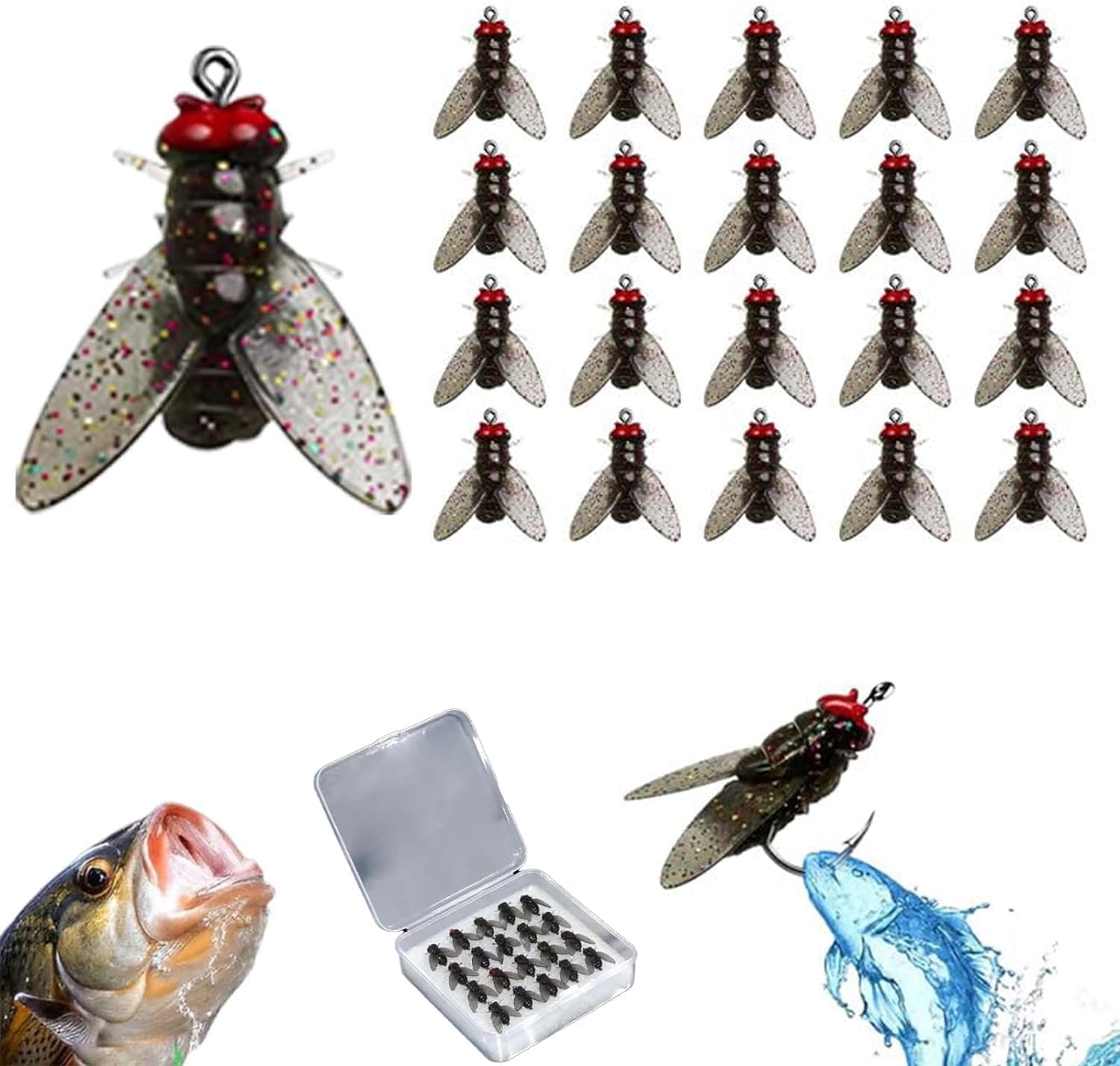 Fly Fishing Bait (20Pcs), 2024 New Fly Fishing Lures Kit, Flies Spinner Swim Baits, Bait with Exquisite and Realistic (Black, 15mm)