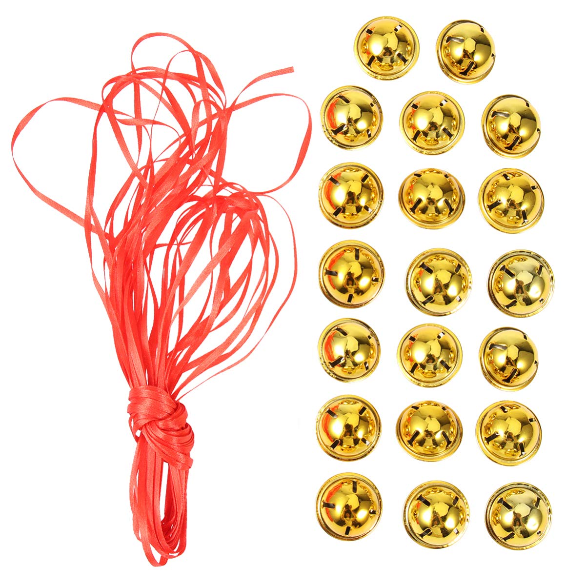 Amosfun Gold 20Pcs Mini Bells With Star Cutouts - Christmas Tree Decorations Ornaments For Holiday Craft With 10M Ribbon, 3Cm En