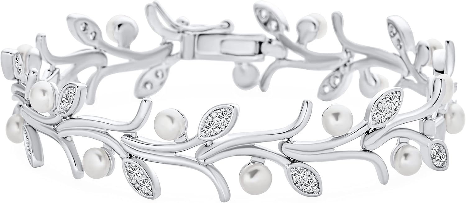 Bling Jewelry Bridal Wedding Multi Flowers CZ Wine Leaf Genuine White Freshwater Cultured Button Pearl Tennis Bracelet For Women Silver Plated Rhodium 6.5-7.25I inch