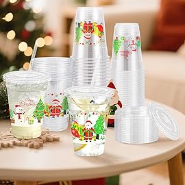 Lamosi 50 Pack 16 oz Christmas Clear Plastic Cups with Lids and Straws, Disposable Snowman Santa Plastic Coffee Cups with Lids for Family Gatherings, Wedding, Parties